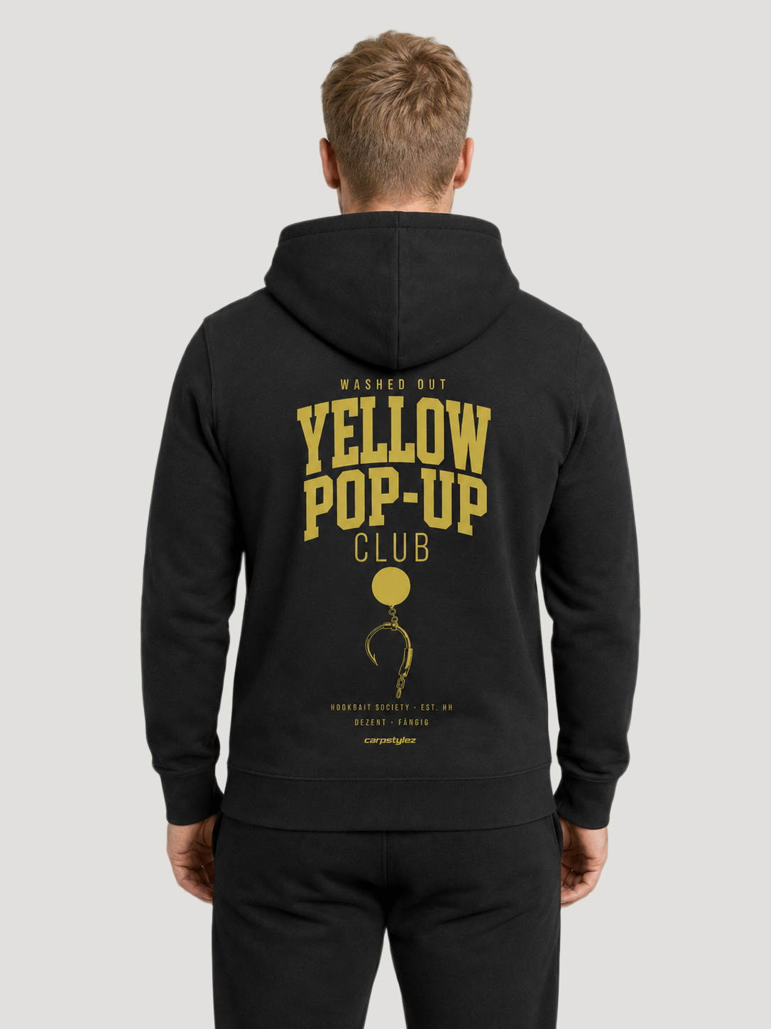 carpstylez WASHED OUT YELLOW POP-UP Club Hoodie Black – Rückenansicht am Model #farbe_black