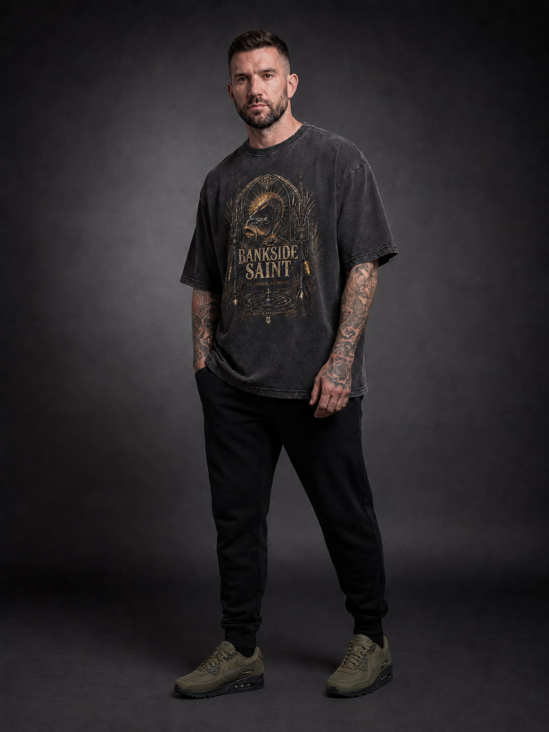 carpstylez „Bankside Saint“ Oversize-Shirt schwarz – Detailansicht (Acid Wash)