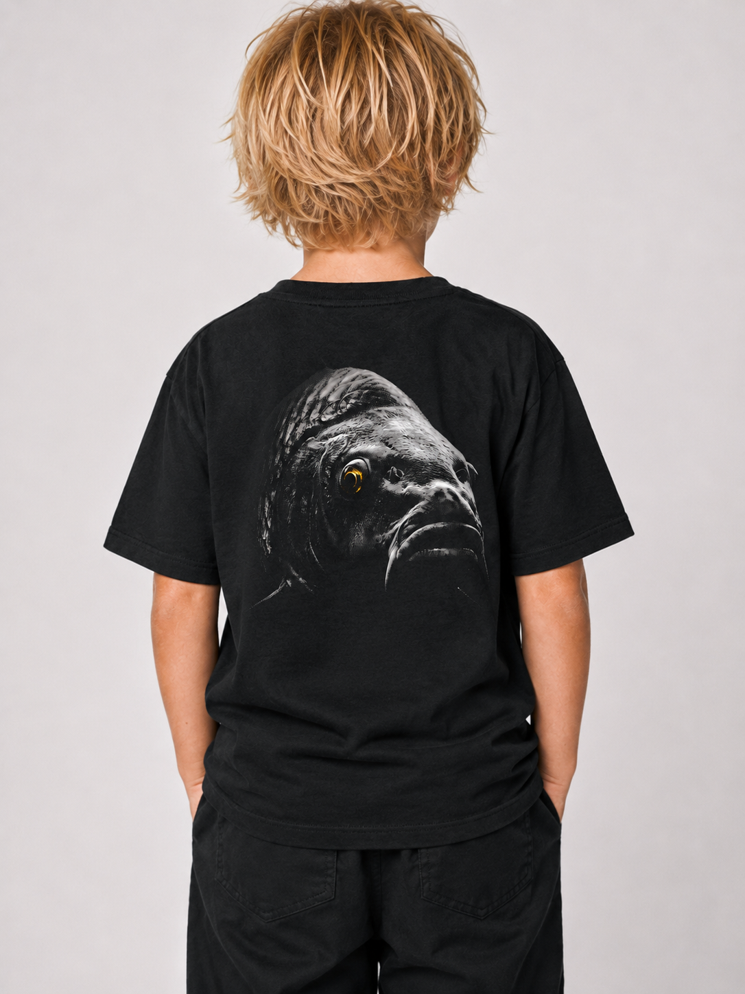 BLACKWATER CARP Kids Shirt in Schwarz mit Backprint – Rückenansicht