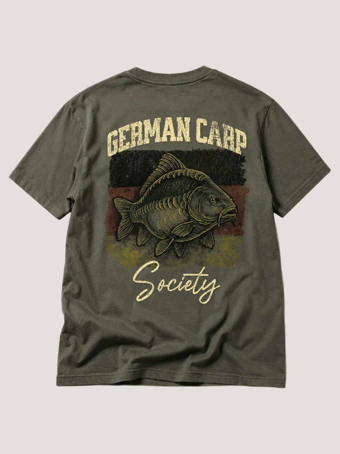 GERMAN CARP SOCIETY Kids Shirt Khaki – Backprint, Flatlay #farbe_organic khaki