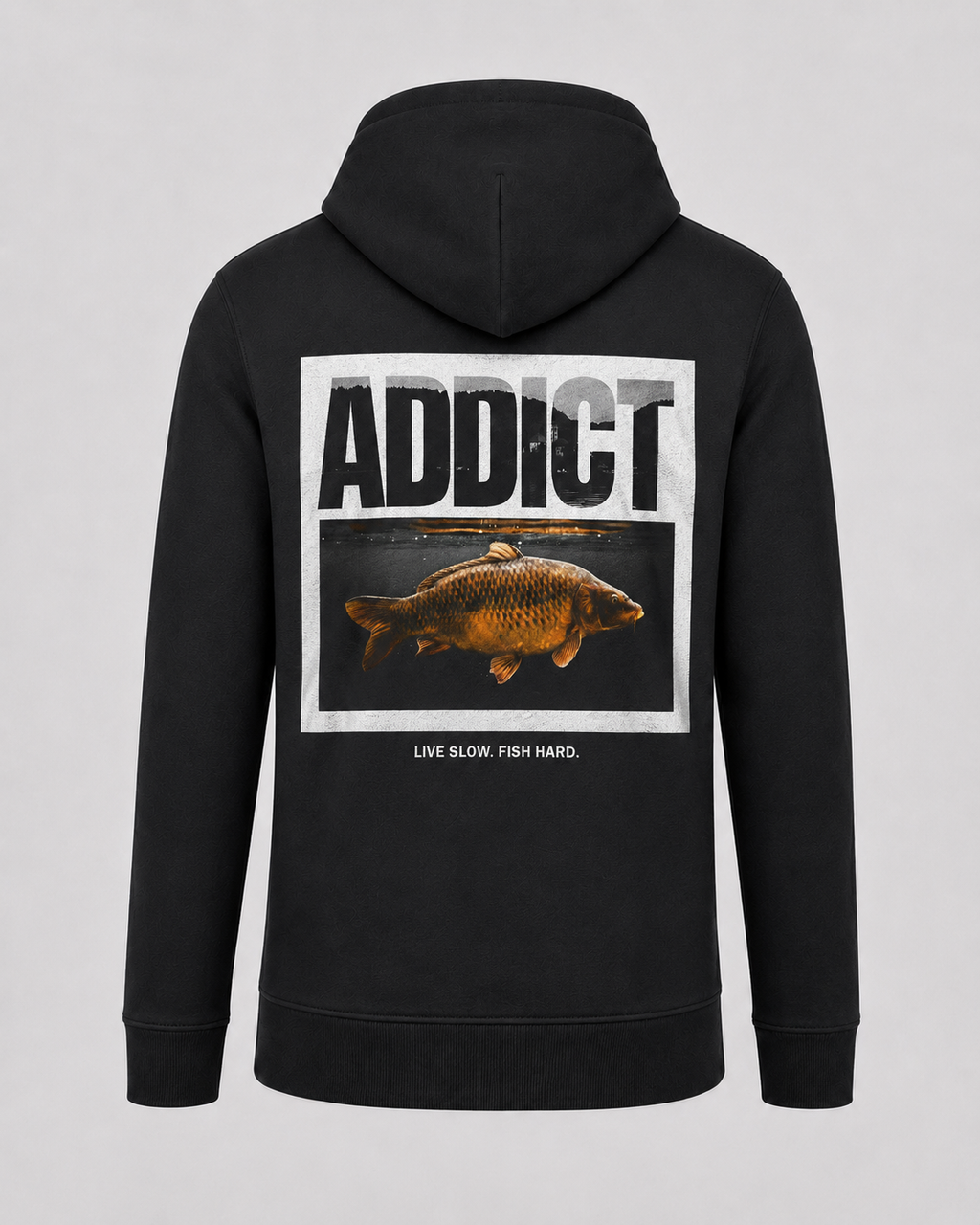 carpstylez Addict Hoodie – Backprint, schwarzer Karpfen-Hoodie