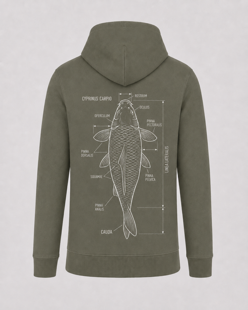 carpstylez Cyprinus Carpio Hoodie – Backprint, khakifarbener Karpfen-Hoodie