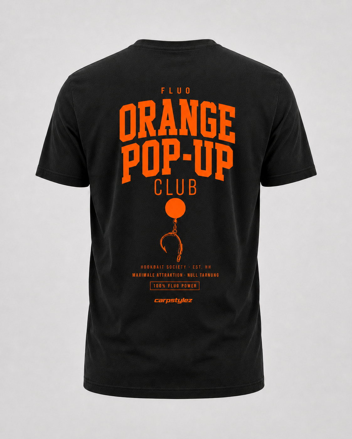 carpstylez Fluo Orange Shirt – Backprint, schwarzes Karpfen-Streetwear Shirt