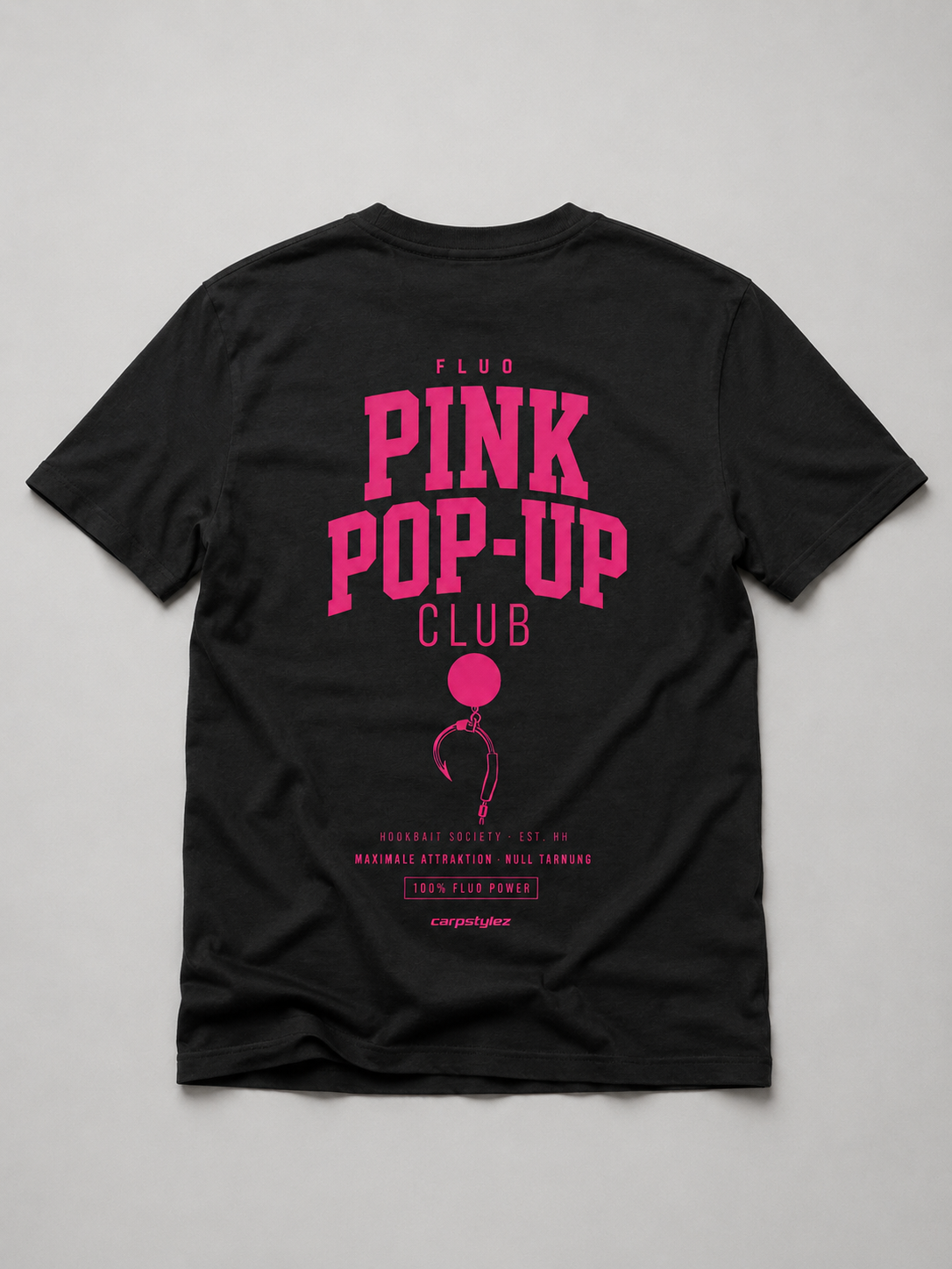 carpstylez FLUO PINK POP-UP Club Shirt schwarz – Flatlay Rückenprint