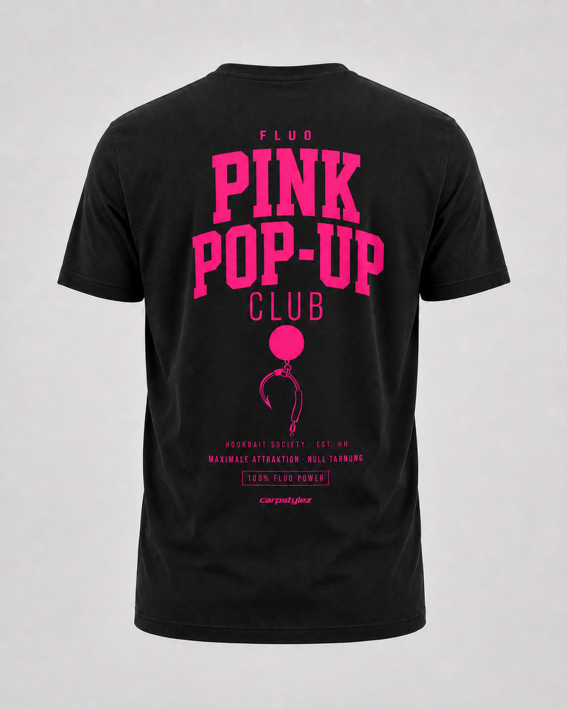 carpstylez Fluo Pink Shirt – Backprint, schwarzes Karpfen-Streetwear Shirt