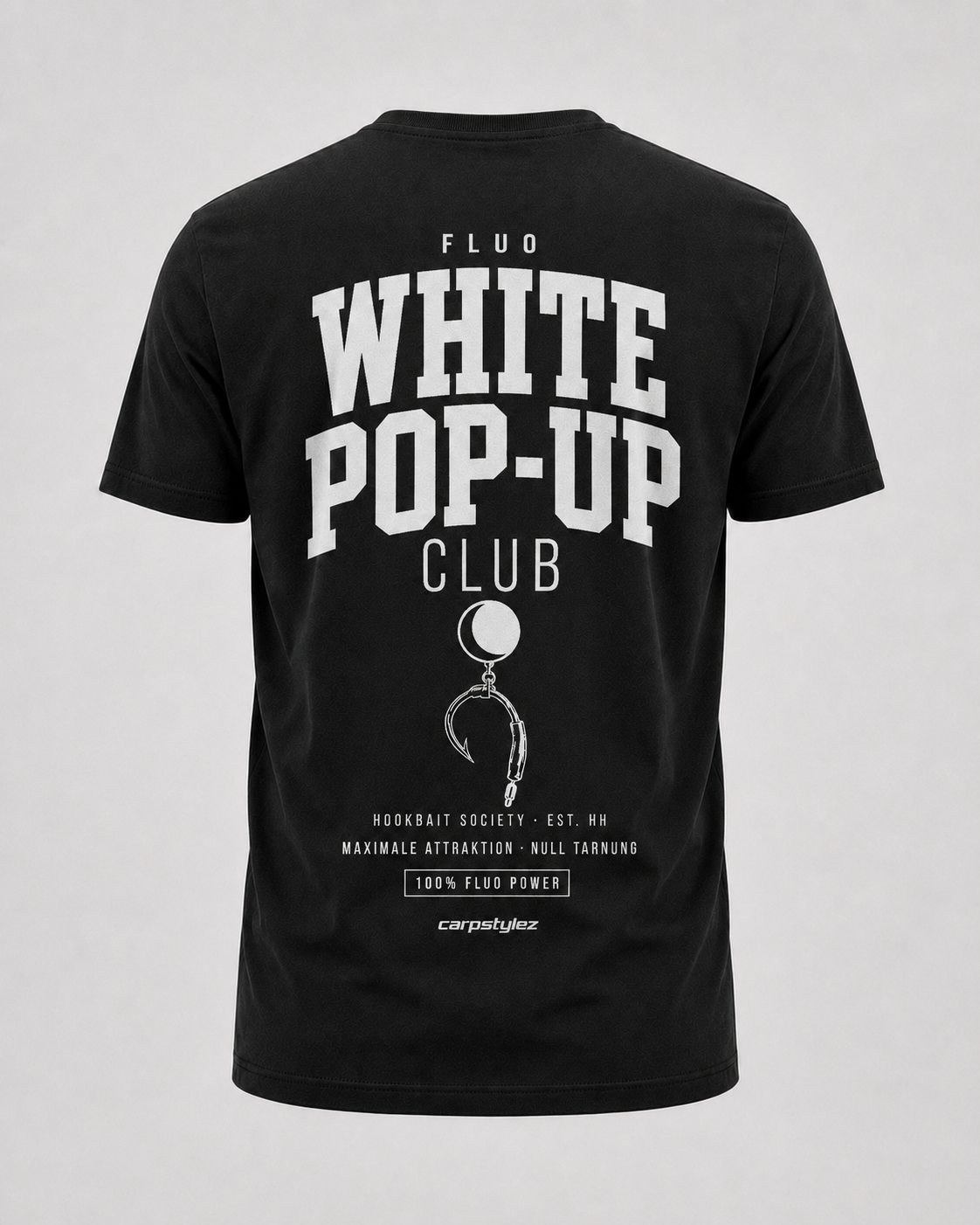 carpstylez Fluo White Shirt – Backprint, schwarzes Karpfen-Streetwear Shirt