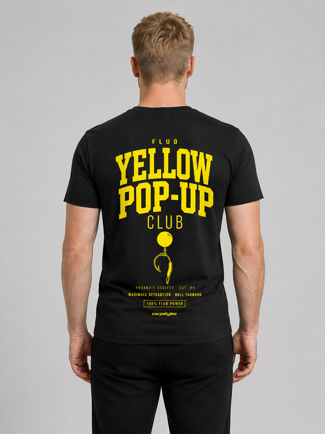 carpstylez FLUO YELLOW POP-UP Club Shirt schwarz – Rückenprint getragen