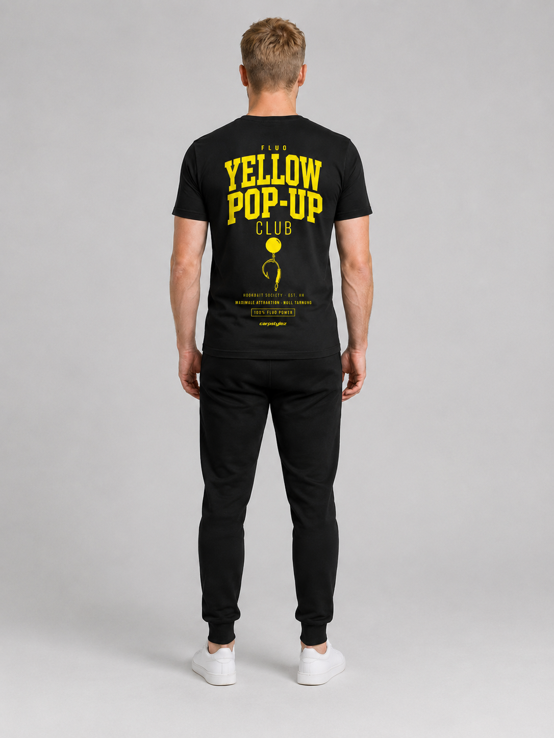 carpstylez FLUO YELLOW POP-UP Club Shirt schwarz – getragen, Rückansicht Ganzkörper
