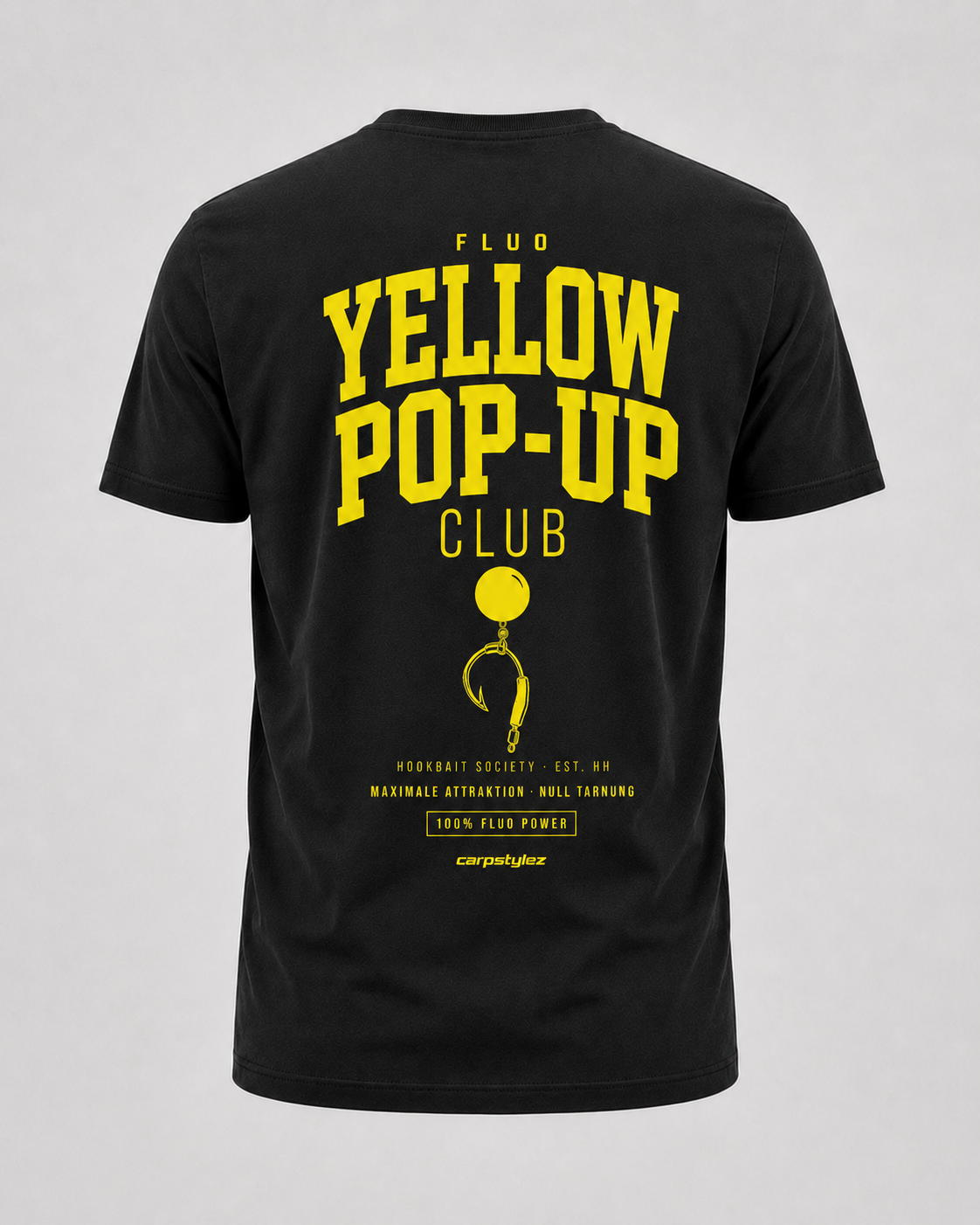 carpstylez Fluo Yellow Shirt – Backprint, schwarzes Karpfen-Streetwear Shirt