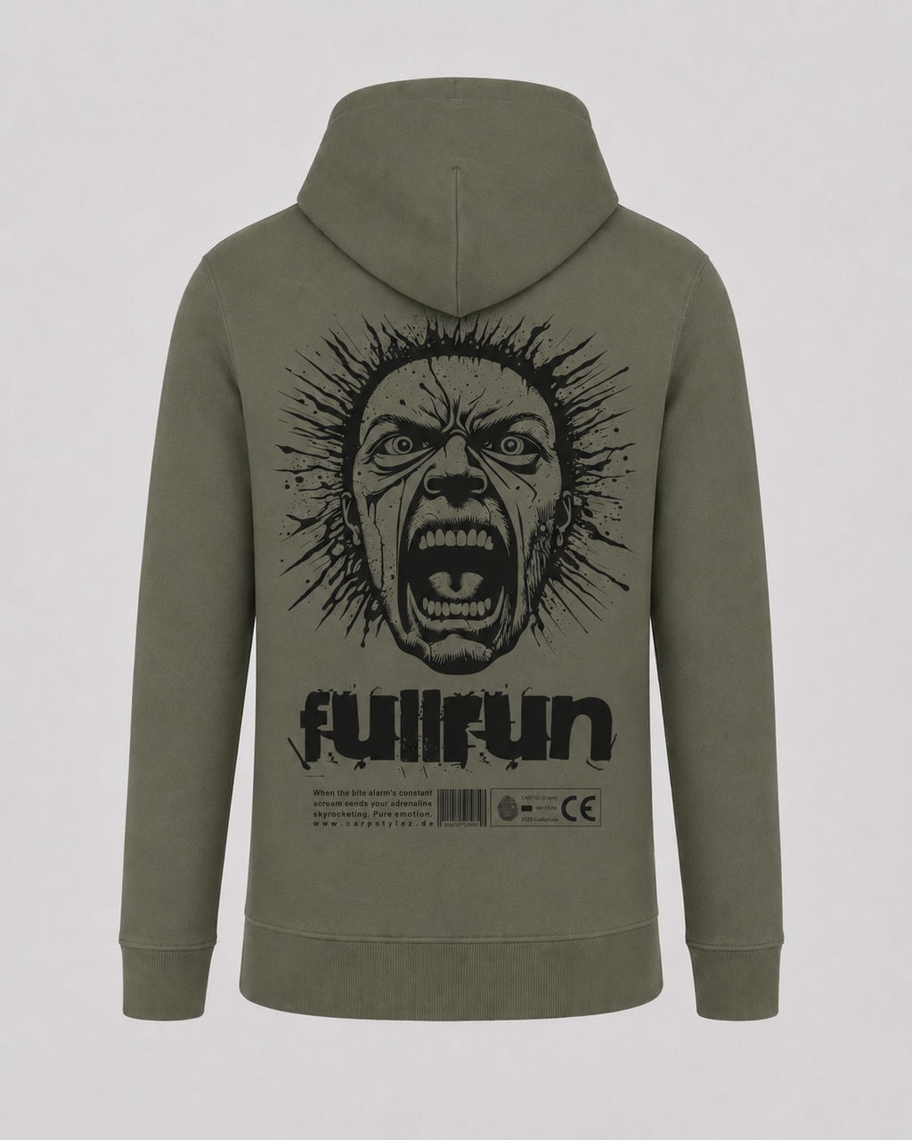 carpstylez Fullrun Hoodie – Backprint, khakifarbener Karpfen-Hoodie