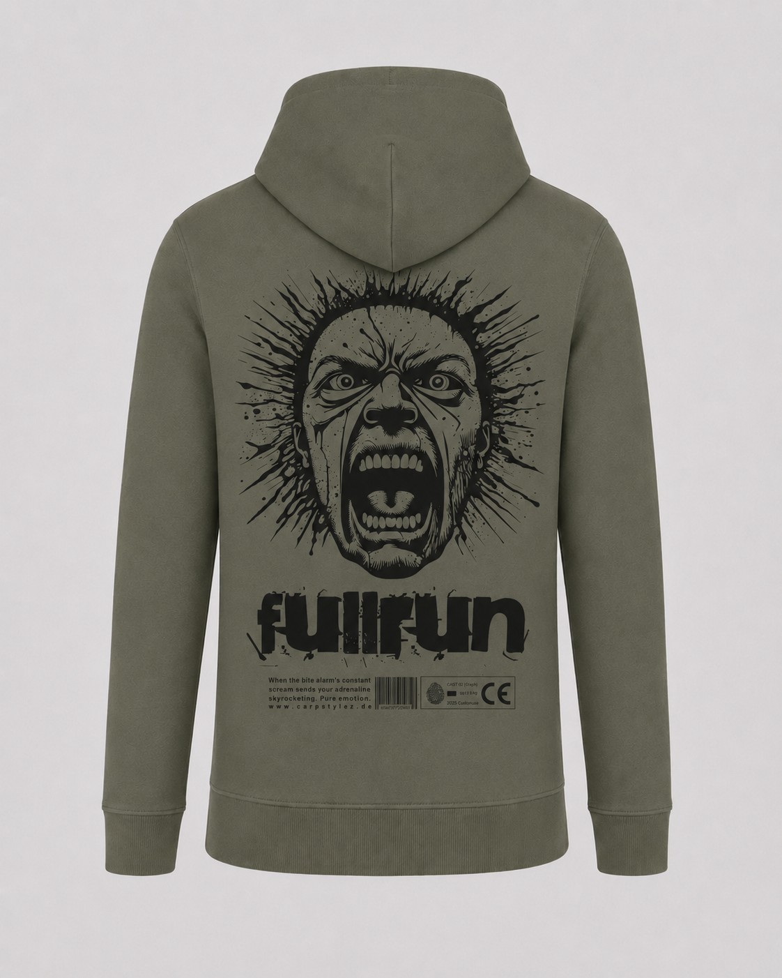 carpstylez Fullrun Hoodie – Backprint, khakifarbener Karpfen-Hoodie