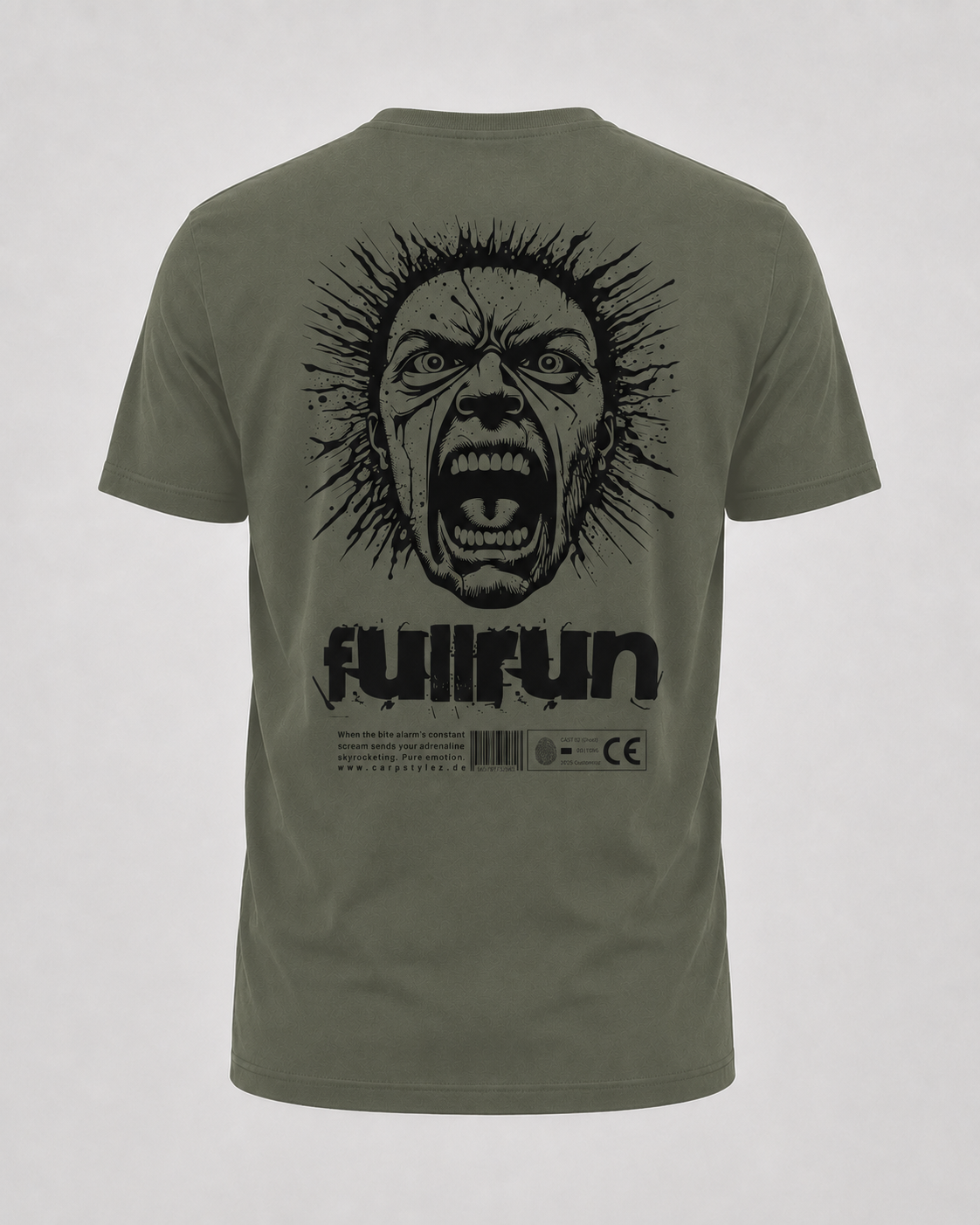 carpstylez Fullrun Shirt – Backprint, khakifarbenes Karpfen-Streetwear Shirt