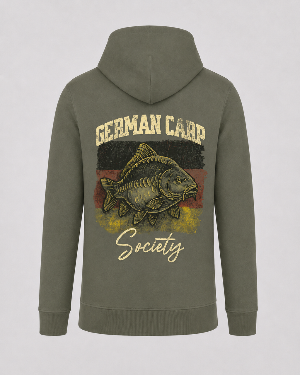 carpstylez German Carp Society Hoodie – Backprint, khakifarbener Karpfen-Hoodie