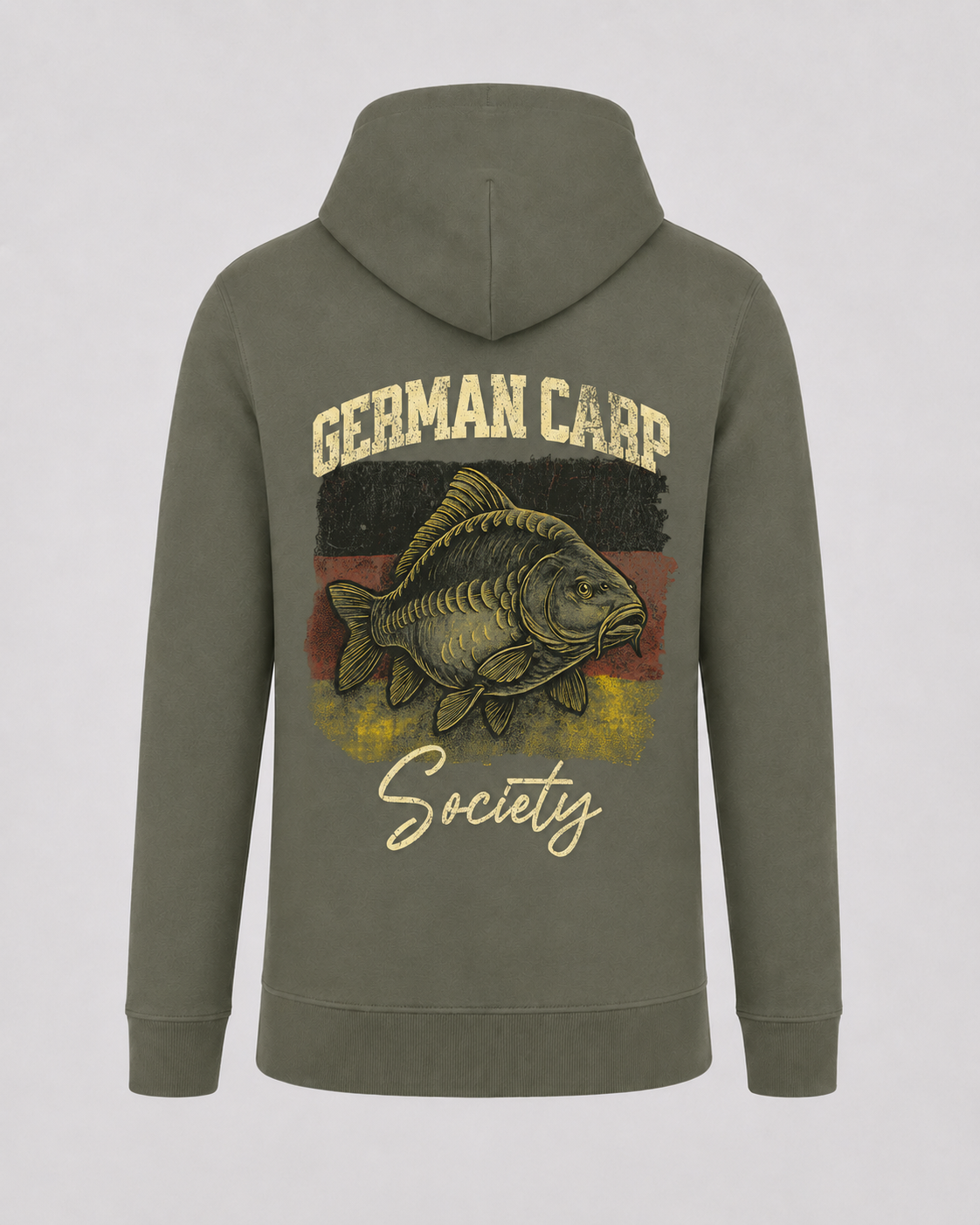 carpstylez German Carp Society Hoodie – Backprint, khakifarbener Karpfen-Hoodie