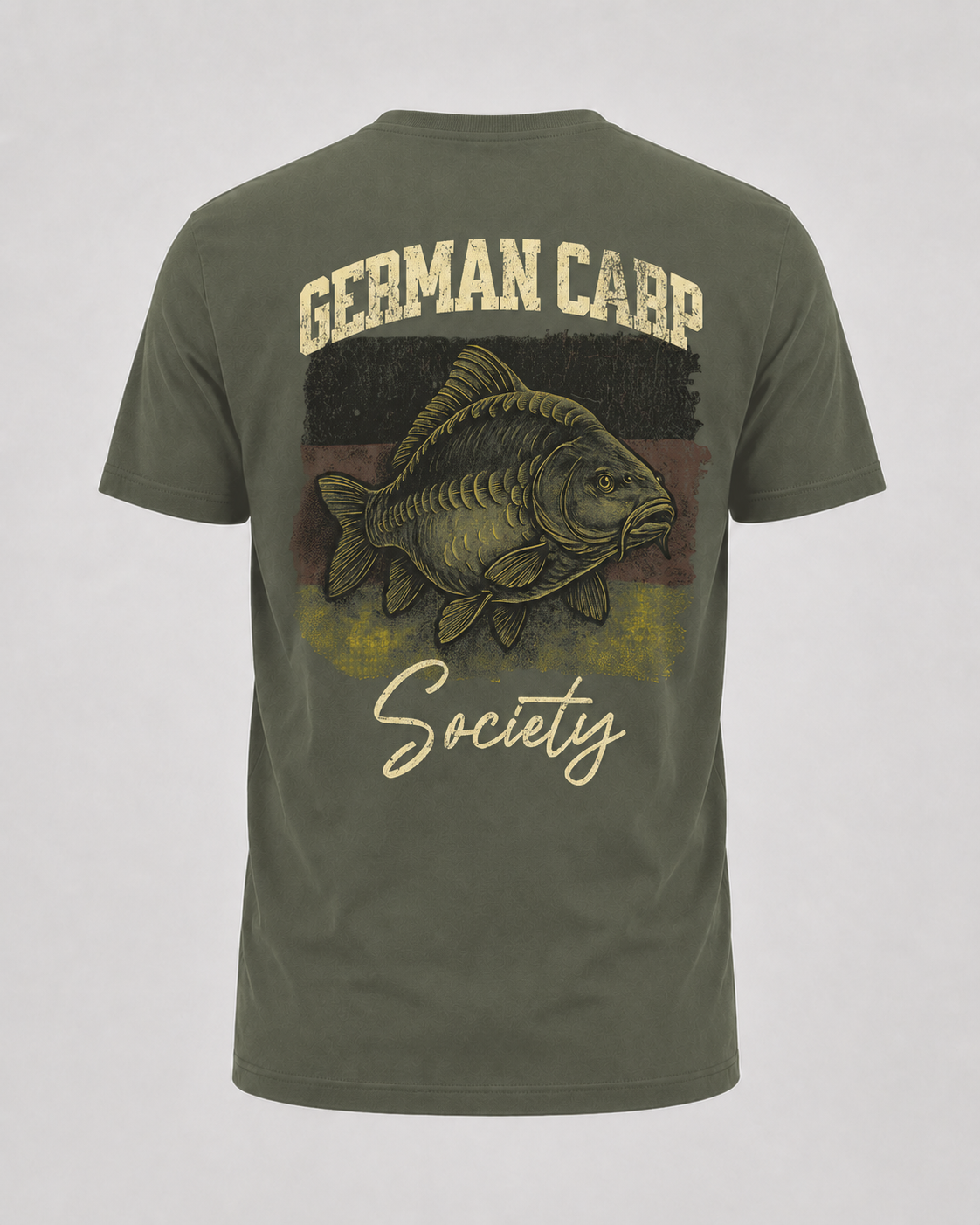 carpstylez German Carp Society Shirt – Backprint, khakifarbenes Karpfen-Streetwear Shirt