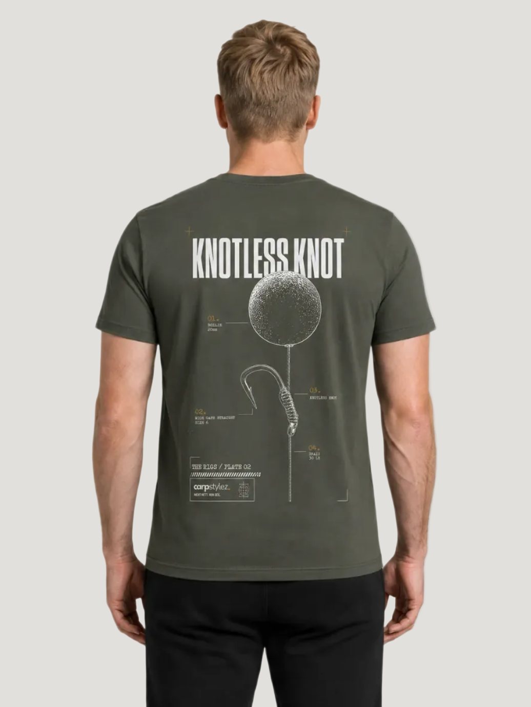 carpstylez THE RIGS Knotless Knot Shirt Organic Khaki – Trageansicht 1, Karpfen-Streetwear _var_organic-khaki #farbe_organic khaki
