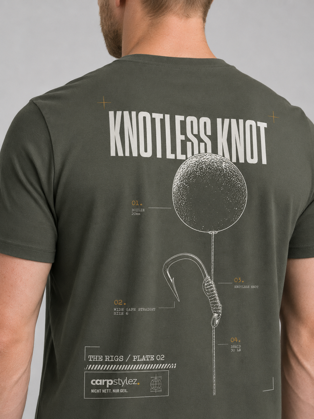 carpstylez THE RIGS Knotless Knot Shirt Organic Khaki – Trageansicht 4, Karpfen-Streetwear _var_organic-khaki