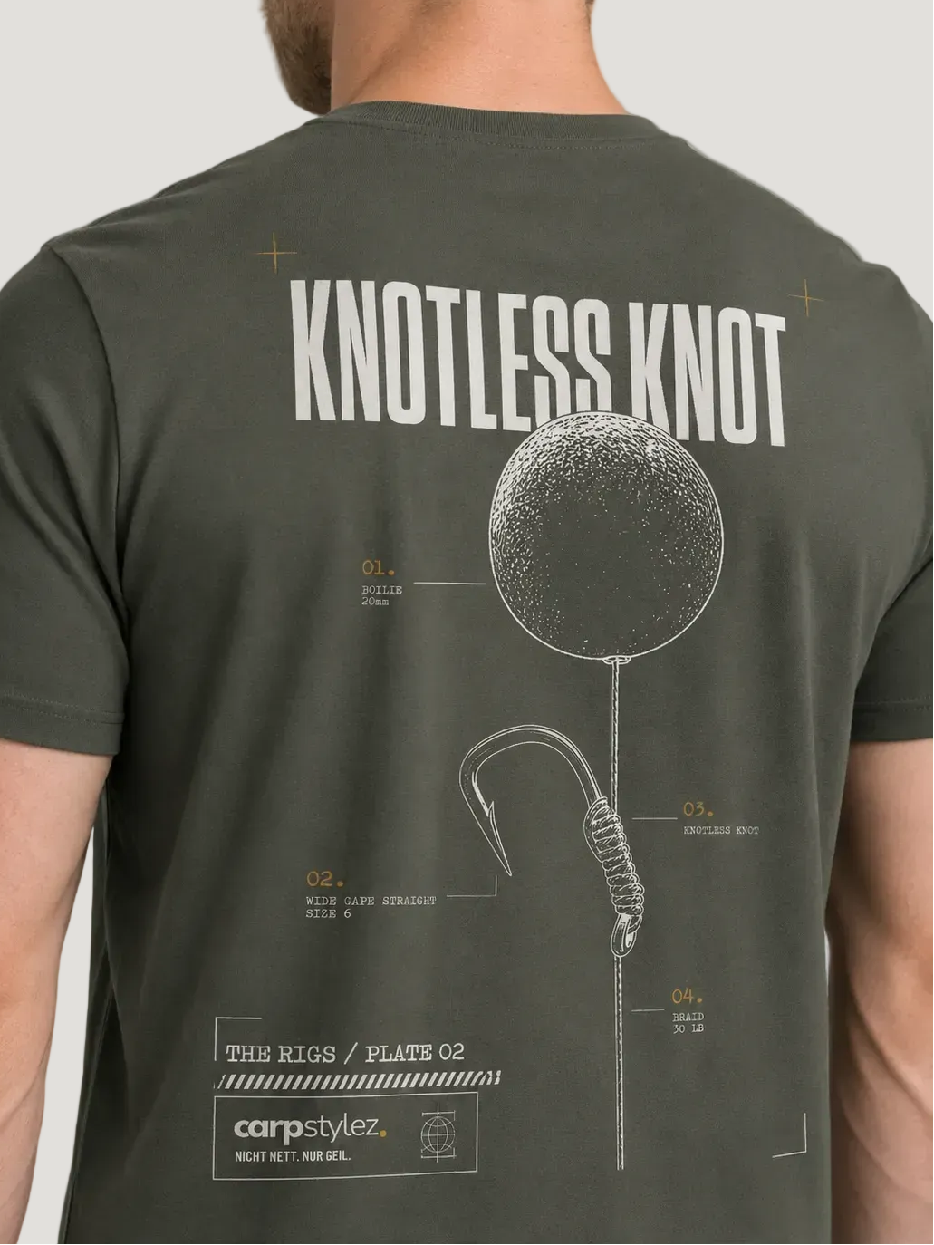 carpstylez THE RIGS Knotless Knot Shirt Organic Khaki – Trageansicht 4, Karpfen-Streetwear _var_organic-khaki #farbe_organic khaki