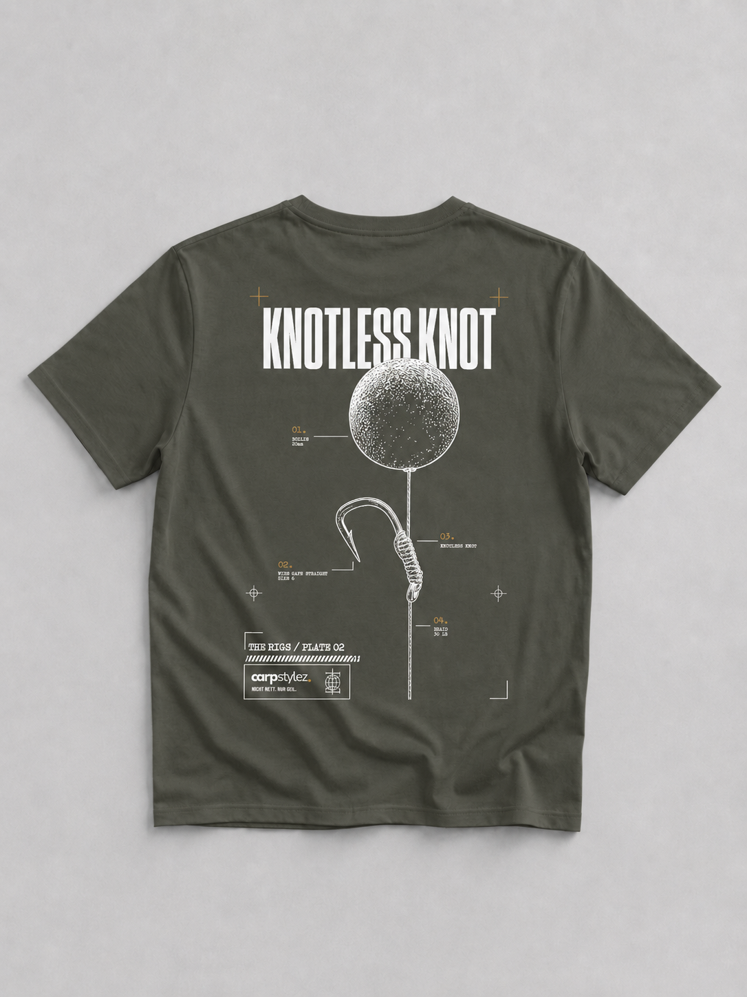 carpstylez THE RIGS Knotless Knot Shirt Organic Khaki – Backprint, Karpfen-Streetwear _var_organic-khaki