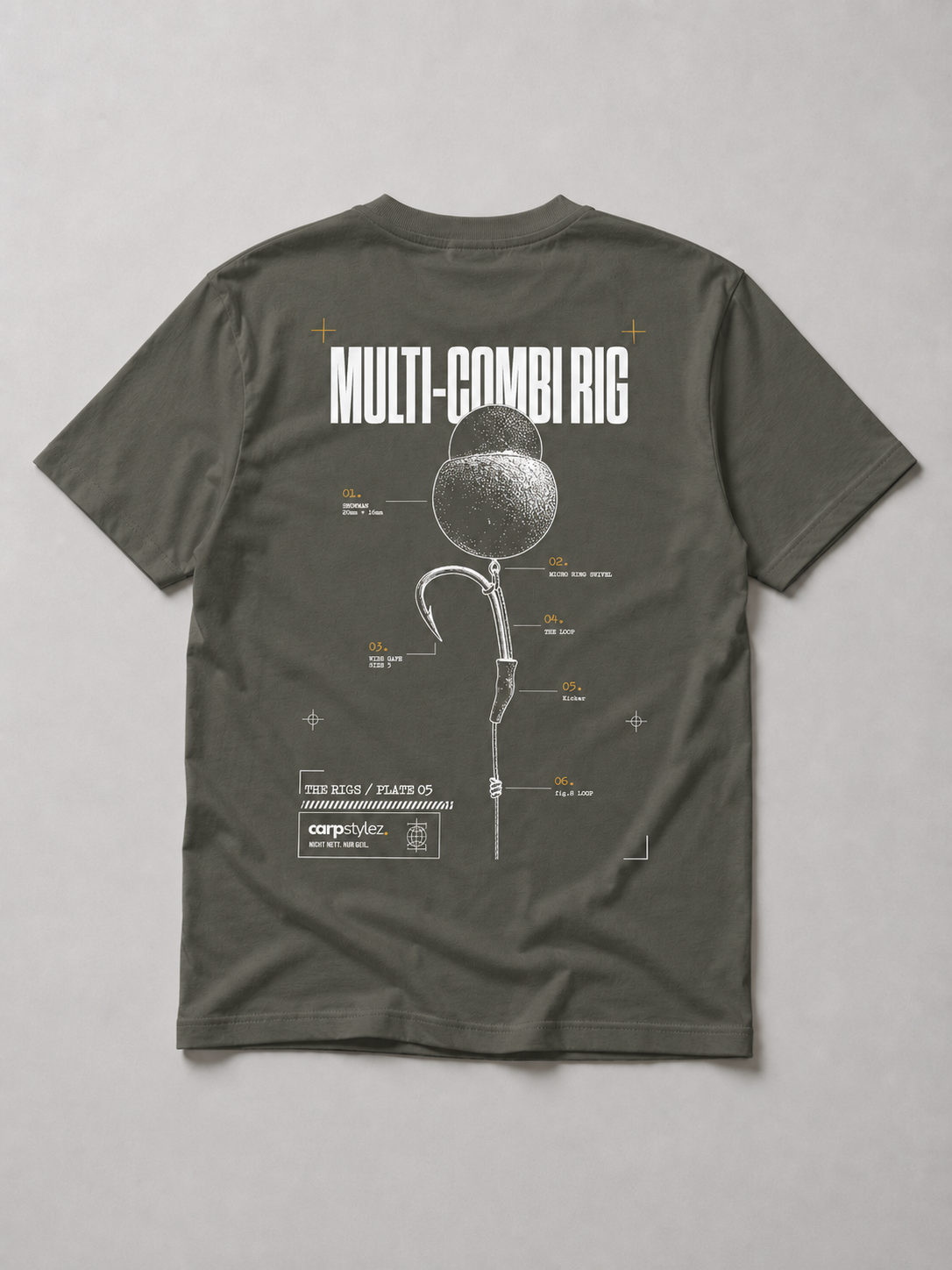 carpstylez THE RIGS Multi-Combi Rig Shirt Organic Khaki – Backprint, Karpfen-Streetwear _var_organic-khaki