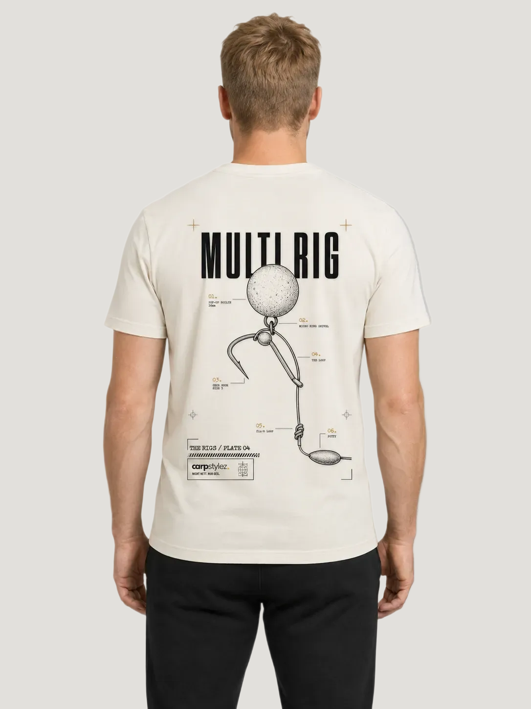carpstylez THE RIGS Multi Rig Shirt Ivory – Trageansicht 1, Karpfen-Streetwear _var_ivory #farbe_ivory