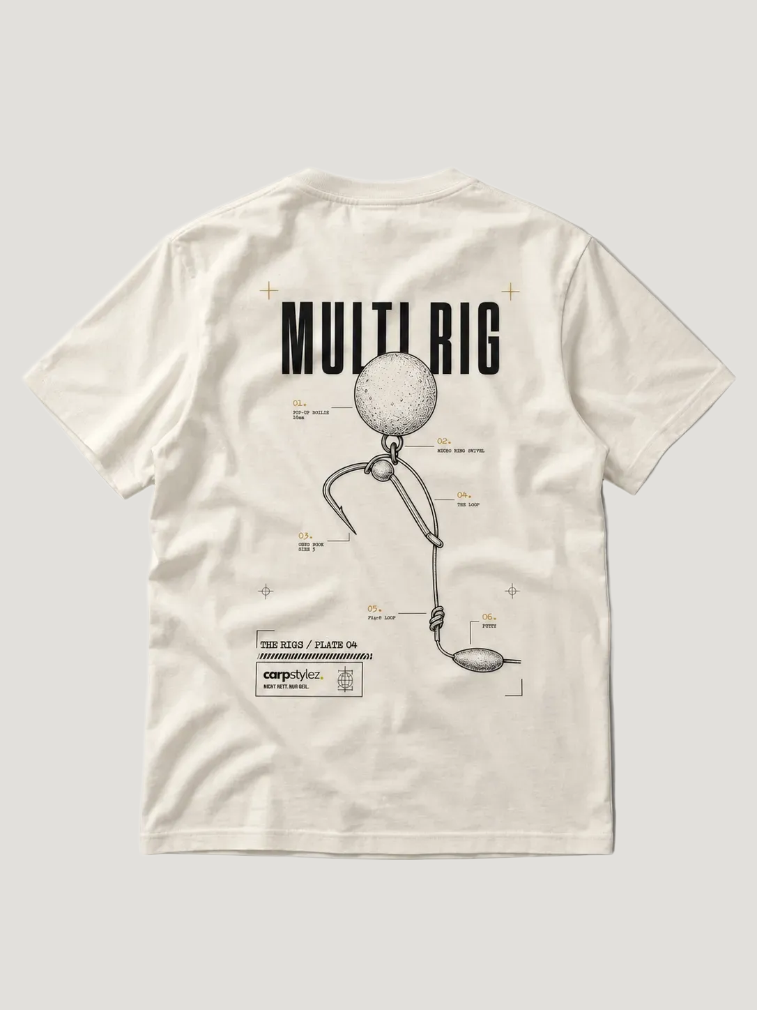 carpstylez THE RIGS Multi Rig Shirt Ivory – Backprint, Karpfen-Streetwear _var_ivory #farbe_ivory