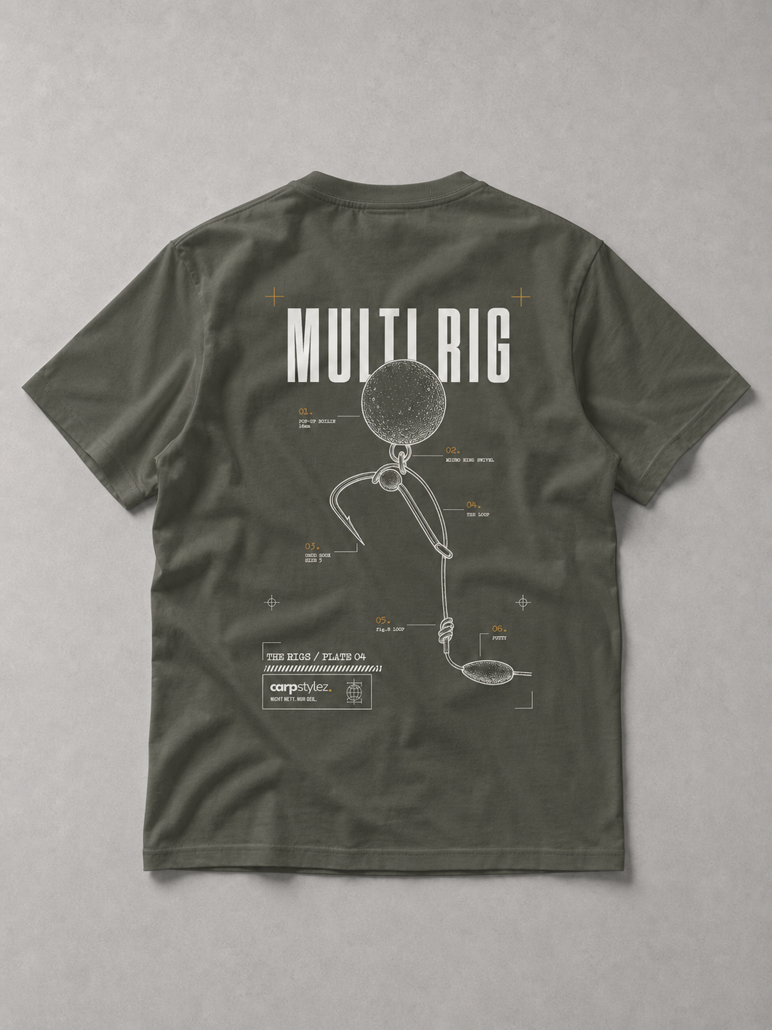 carpstylez THE RIGS Multi Rig Shirt Organic Khaki – Backprint, Karpfen-Streetwear _var_organic-khaki