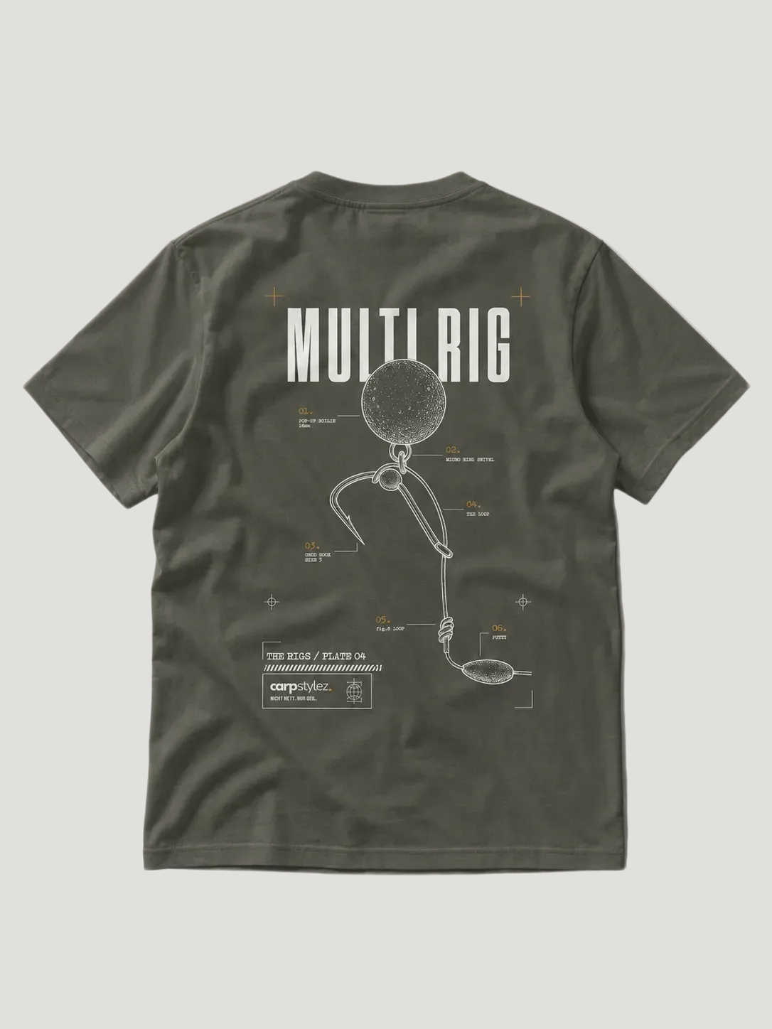 carpstylez THE RIGS Multi Rig Shirt Organic Khaki – Backprint, Karpfen-Streetwear _var_organic-khaki #farbe_organic khaki