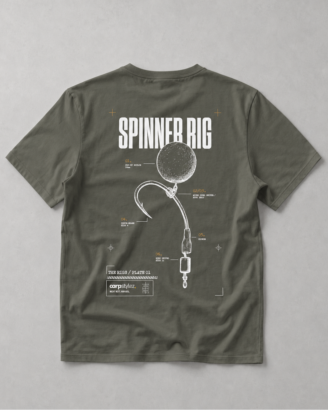 carpstylez THE RIGS Spinner Rig Shirt Organic Khaki – Backprint, Karpfen-Streetwear _var_organic-khaki