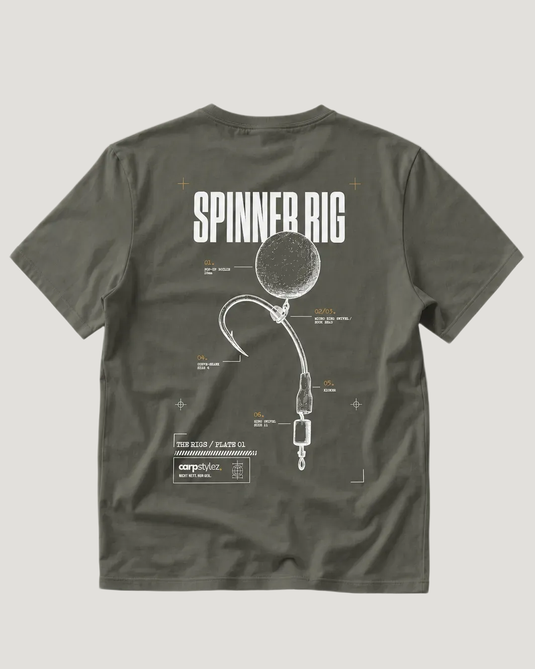 carpstylez THE RIGS Spinner Rig Shirt Organic Khaki – Backprint, Karpfen-Streetwear _var_organic-khaki #farbe_organic khaki