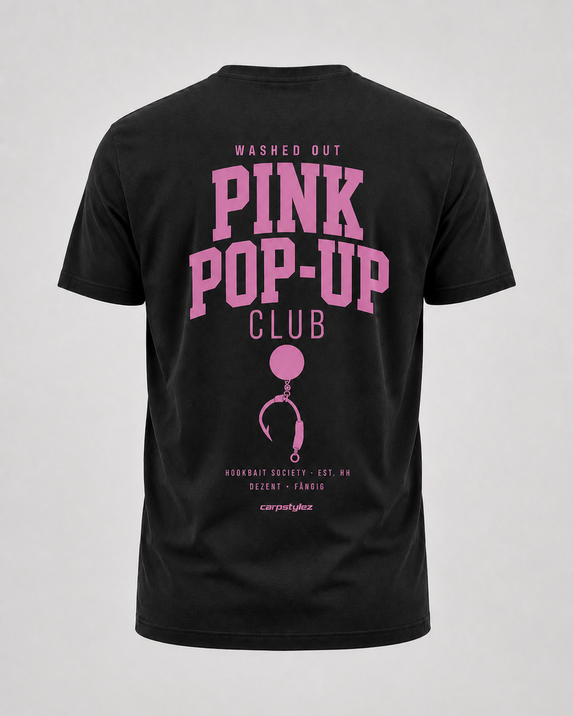 carpstylez Washed Out Pink Shirt – Backprint, schwarzes Karpfen-Streetwear Shirt