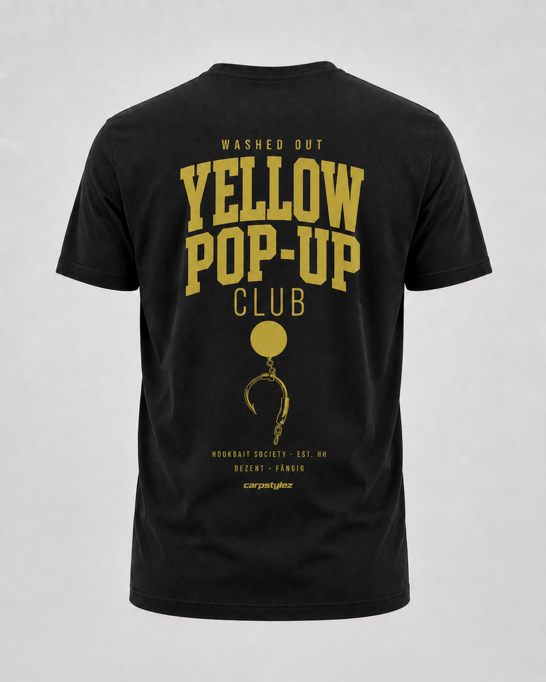 carpstylez Washed Out Yellow Shirt – Backprint, schwarzes Karpfen-Streetwear Shirt