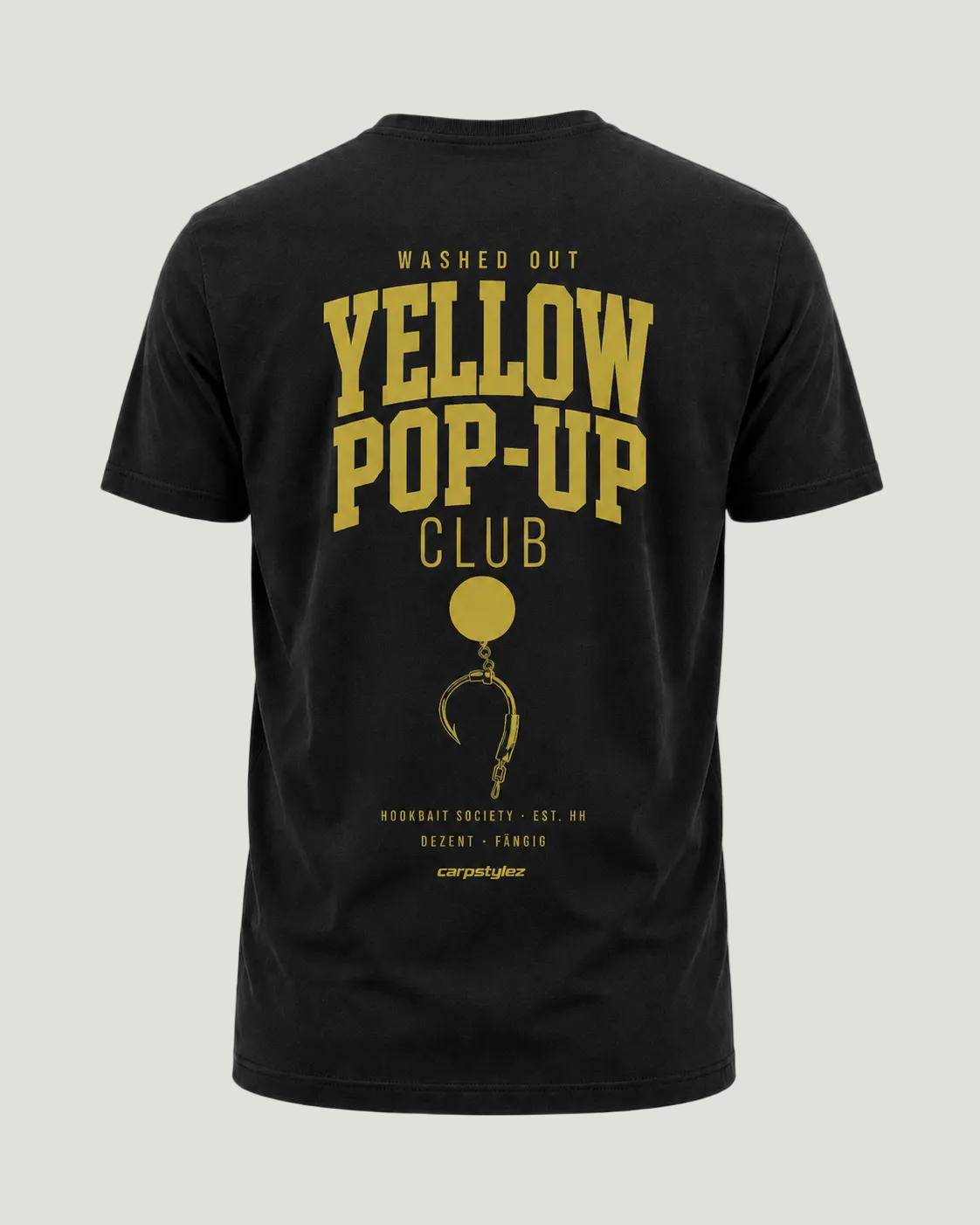carpstylez Washed Out Yellow Shirt – Backprint, schwarzes Karpfen-Streetwear Shirt #farbe_black