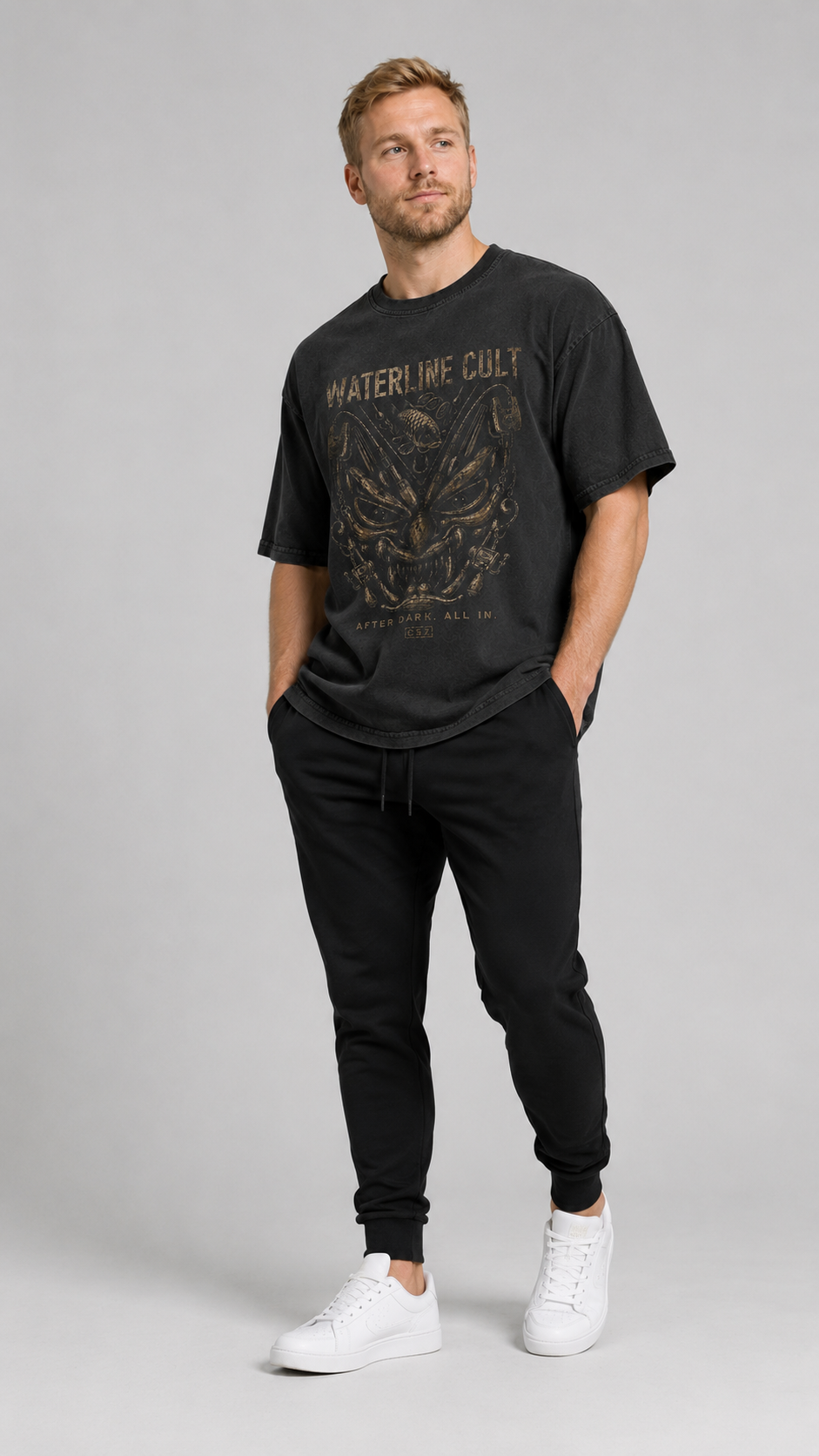 carpstylez WATERLINE CULT Acid Wash Oversize Shirt – Studio Mock Fullbody, Karpfen-Streetwear