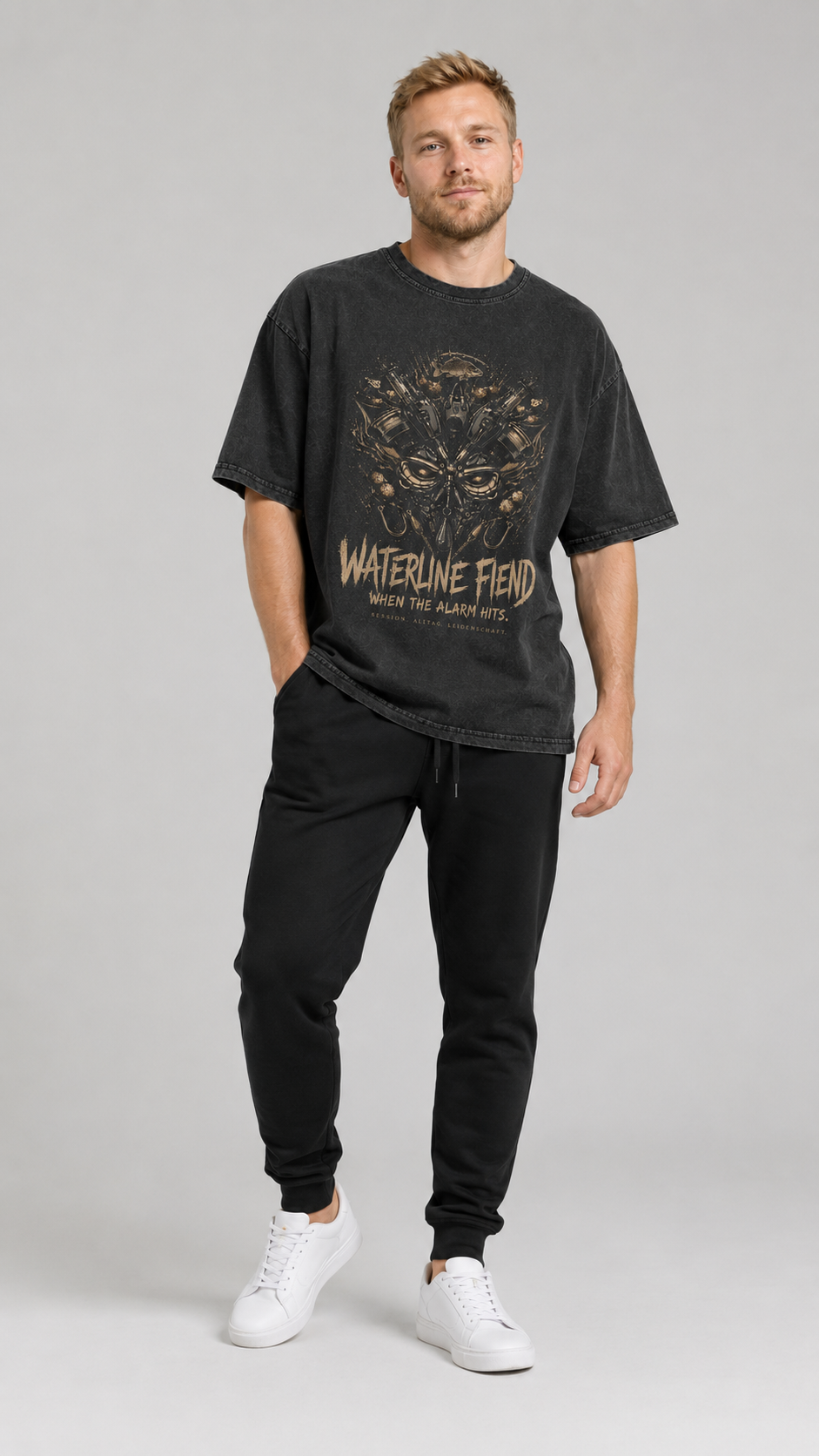 carpstylez WATERLINE FIEND Acid Wash Oversize Shirt – Studio Mock Fullbody, Karpfen-Streetwear