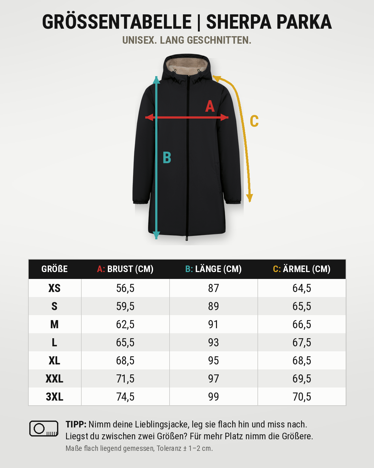 carpstylez Größentabelle ESSENTIALS Sherpa Parka #farbe_black, organic khaki