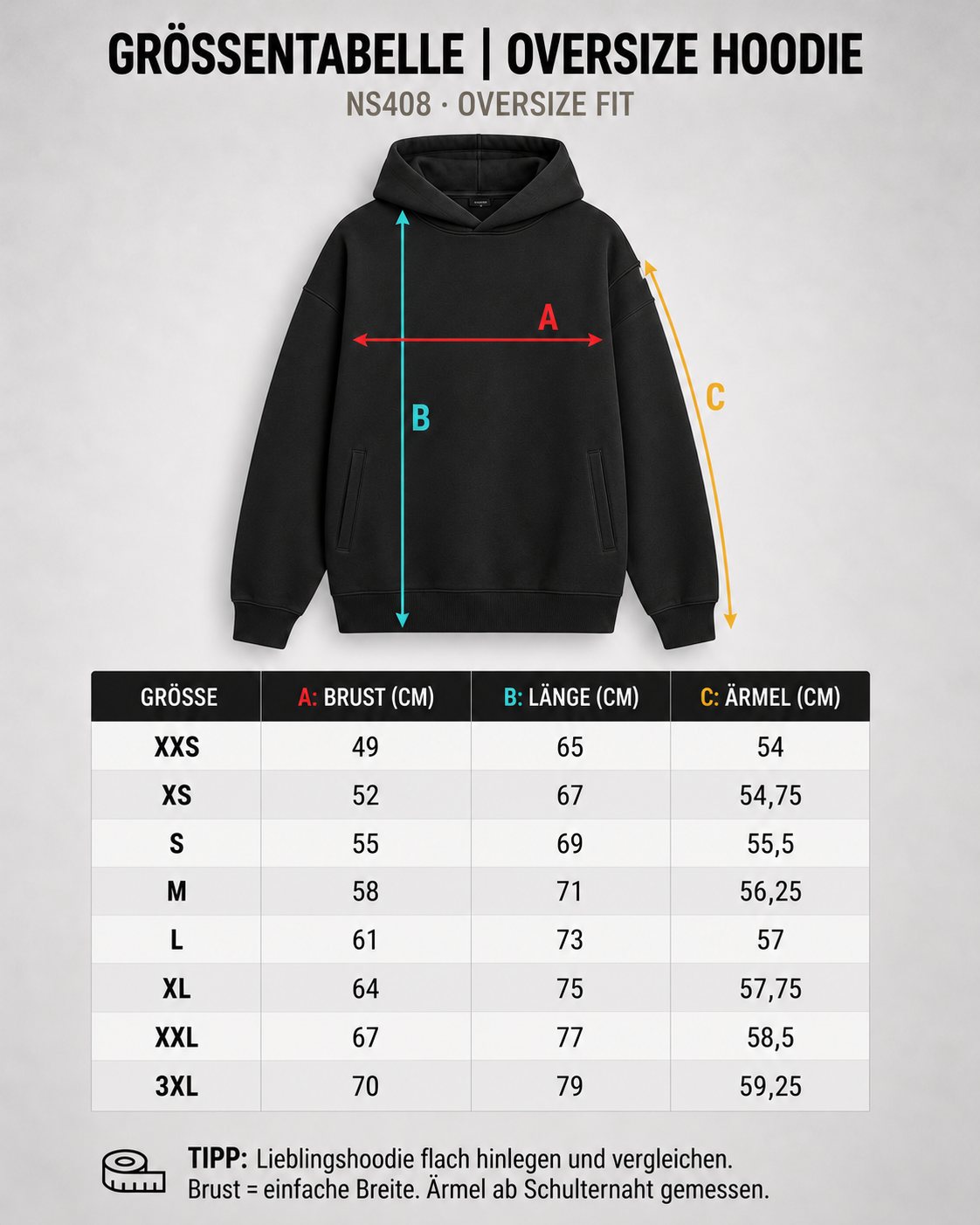 carpstylez Größentabelle Oversize Hoodie NS408 – XXS bis 3XL #color_black, ivory, organic khaki, khaki, driftwood