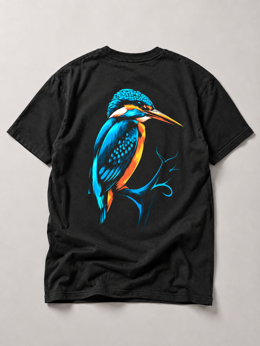 KINGFISHER VIBES Kids Shirt Schwarz – Eisvogel-Backprint, Flatlay