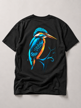 KINGFISHER VIBES Kids Shirt Schwarz – Eisvogel-Backprint, Flatlay