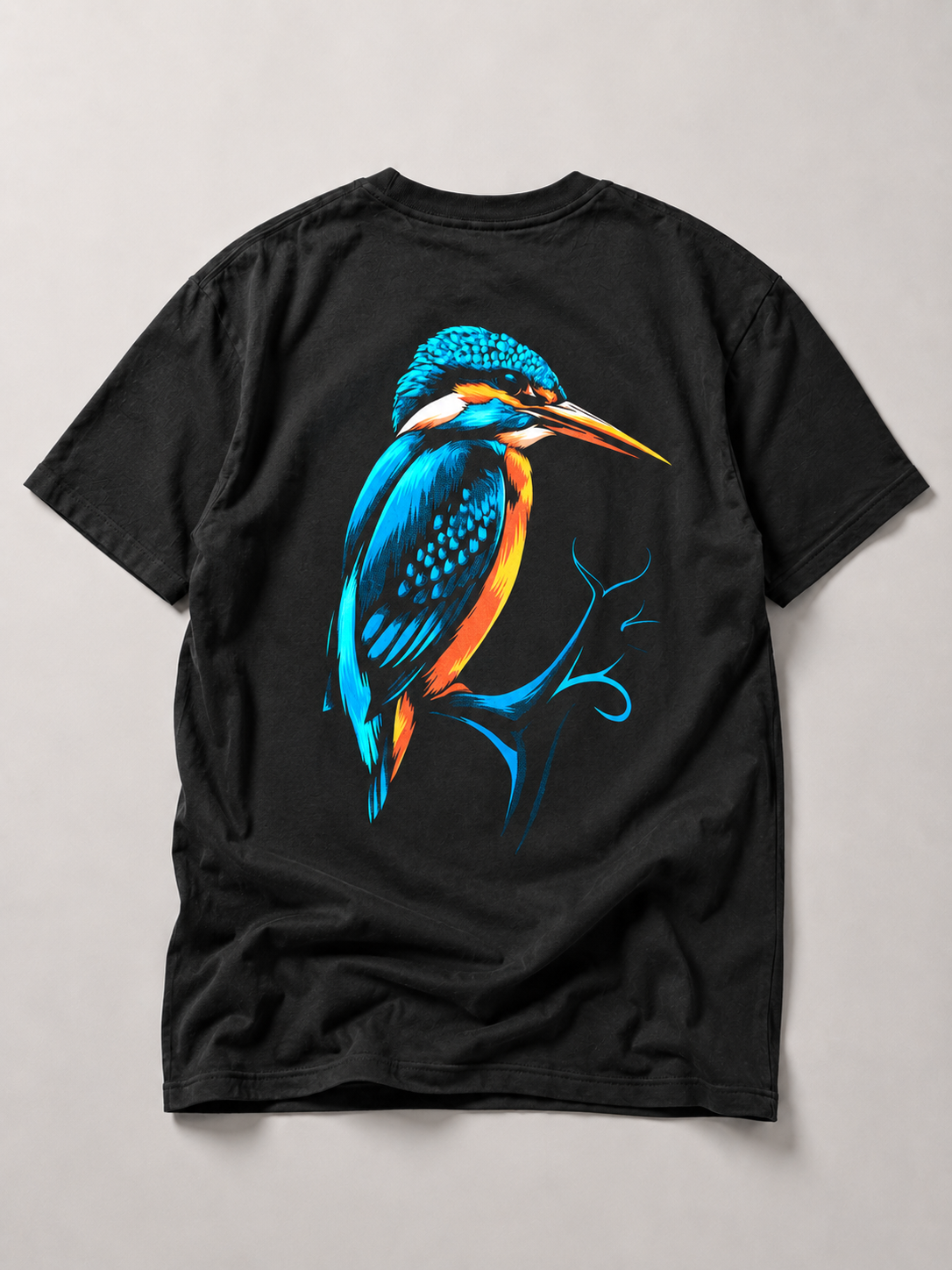 KINGFISHER VIBES Kids Shirt Schwarz – Eisvogel-Backprint, Flatlay