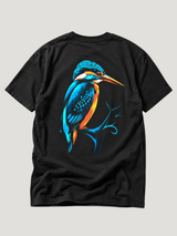 KINGFISHER VIBES Kids Shirt Schwarz – Eisvogel-Backprint, Flatlay #farbe_black