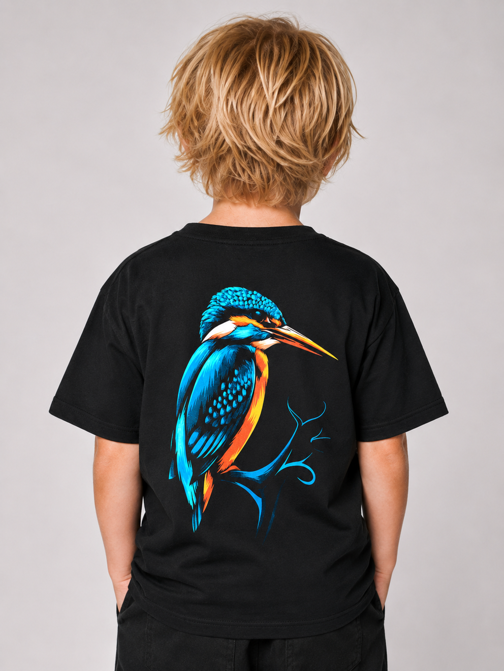 KINGFISHER VIBES Kids Shirt in Schwarz mit Eisvogel-Backprint – Rückenansicht