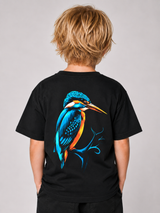 KINGFISHER VIBES Kids Shirt in Schwarz mit Eisvogel-Backprint – Rückenansicht