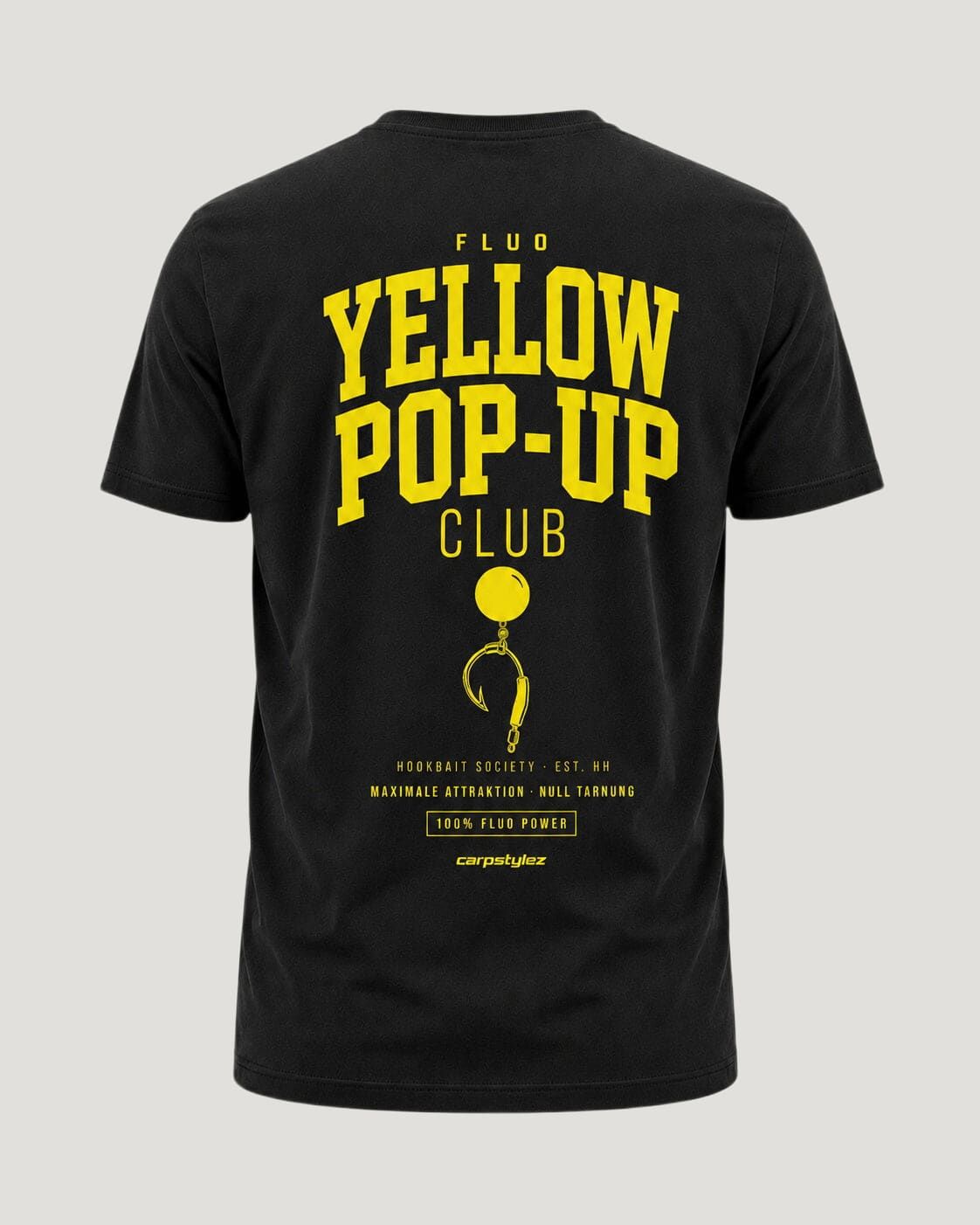 carpstylez Fluo Yellow Shirt – Backprint, schwarzes Karpfen-Streetwear Shirt #farbe_black