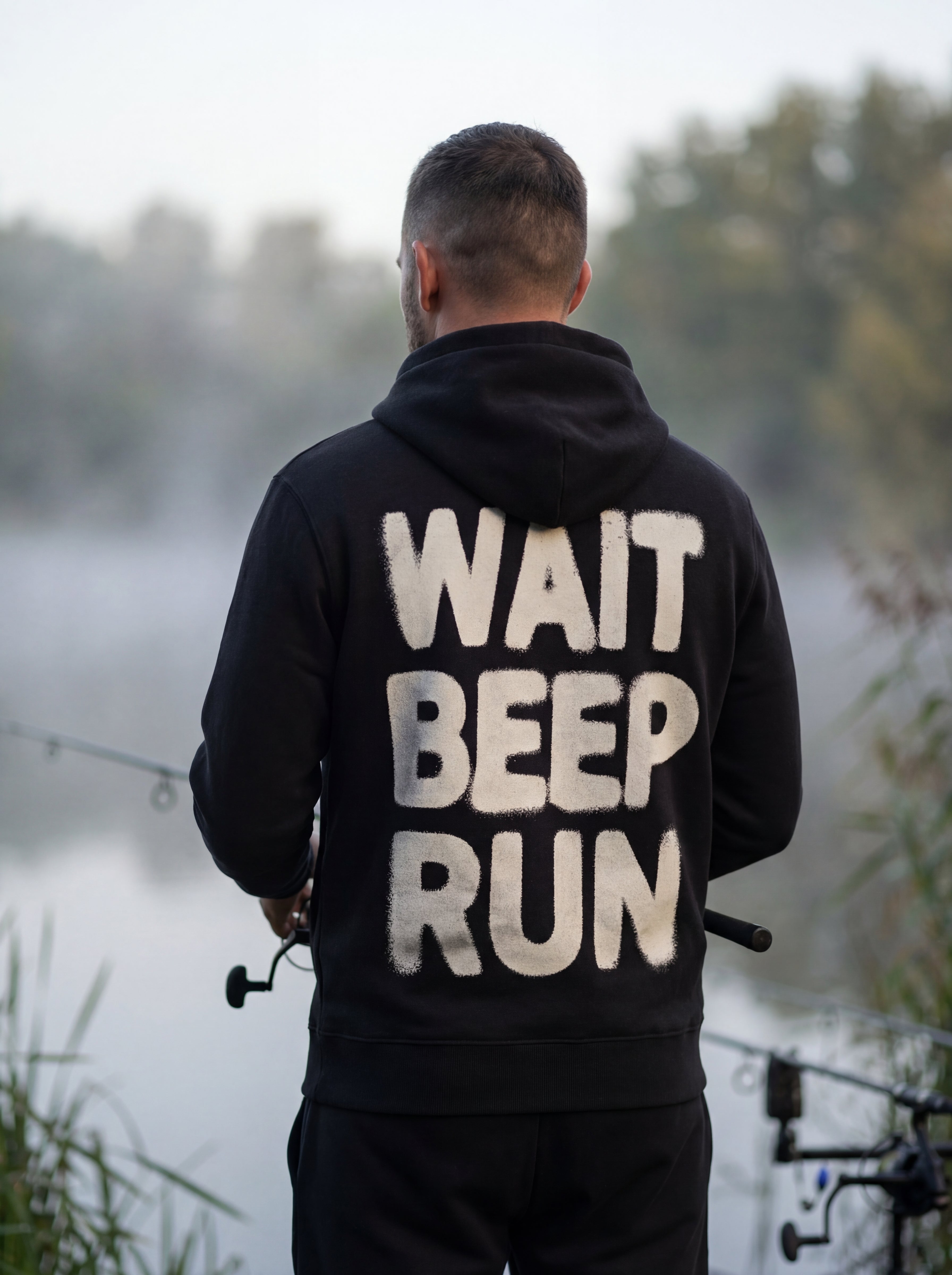 Karpfenangler mit schwarzem carpstylez „Wait Beep Run“ Hoodie