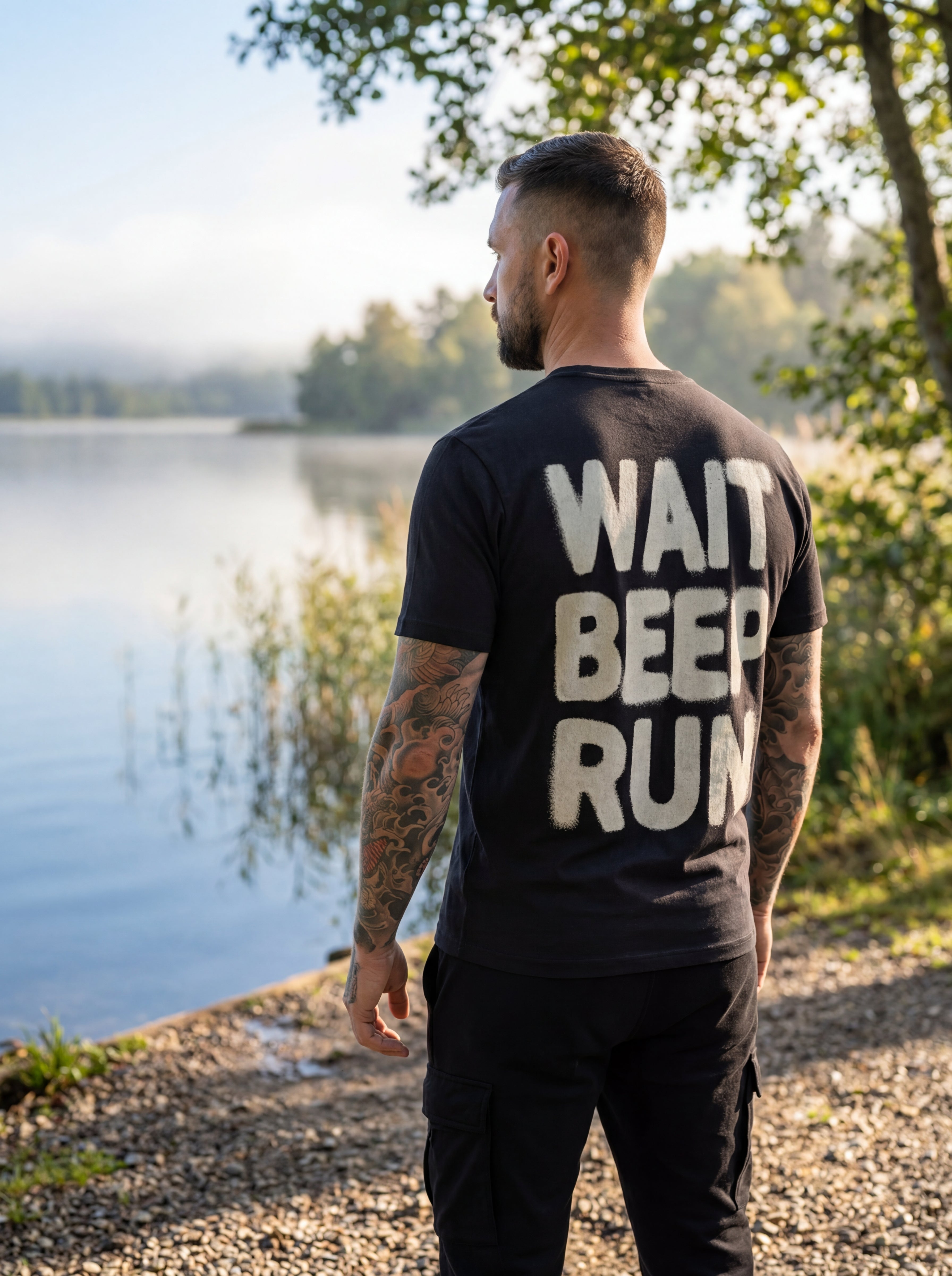 Karpfenangler mit schwarzem carpstylez „Wait Beep Run“ Shirt