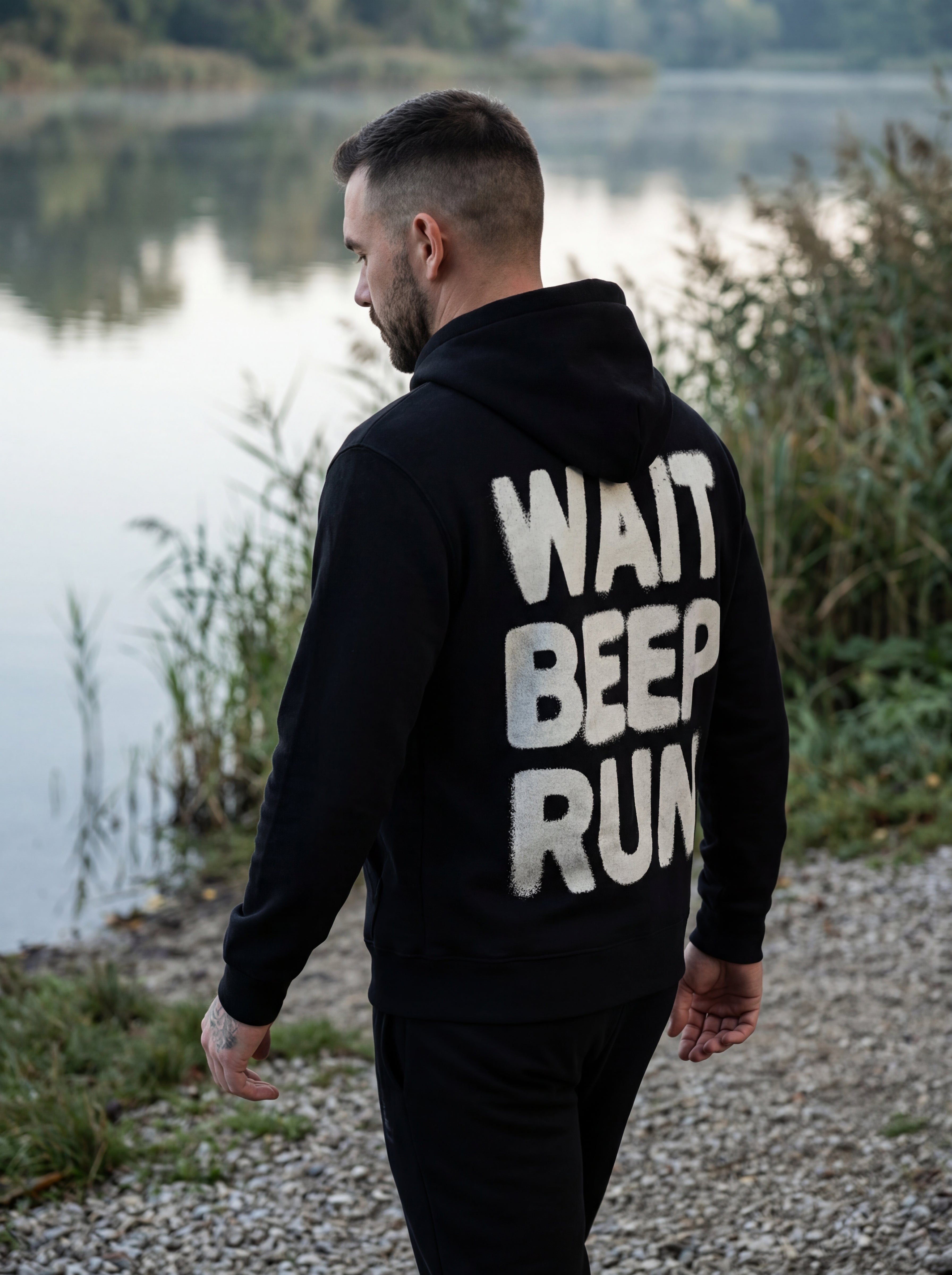 Karpfenangler mit schwarzem carpstylez „Wait Beep Run“ Hoodie am Wasser