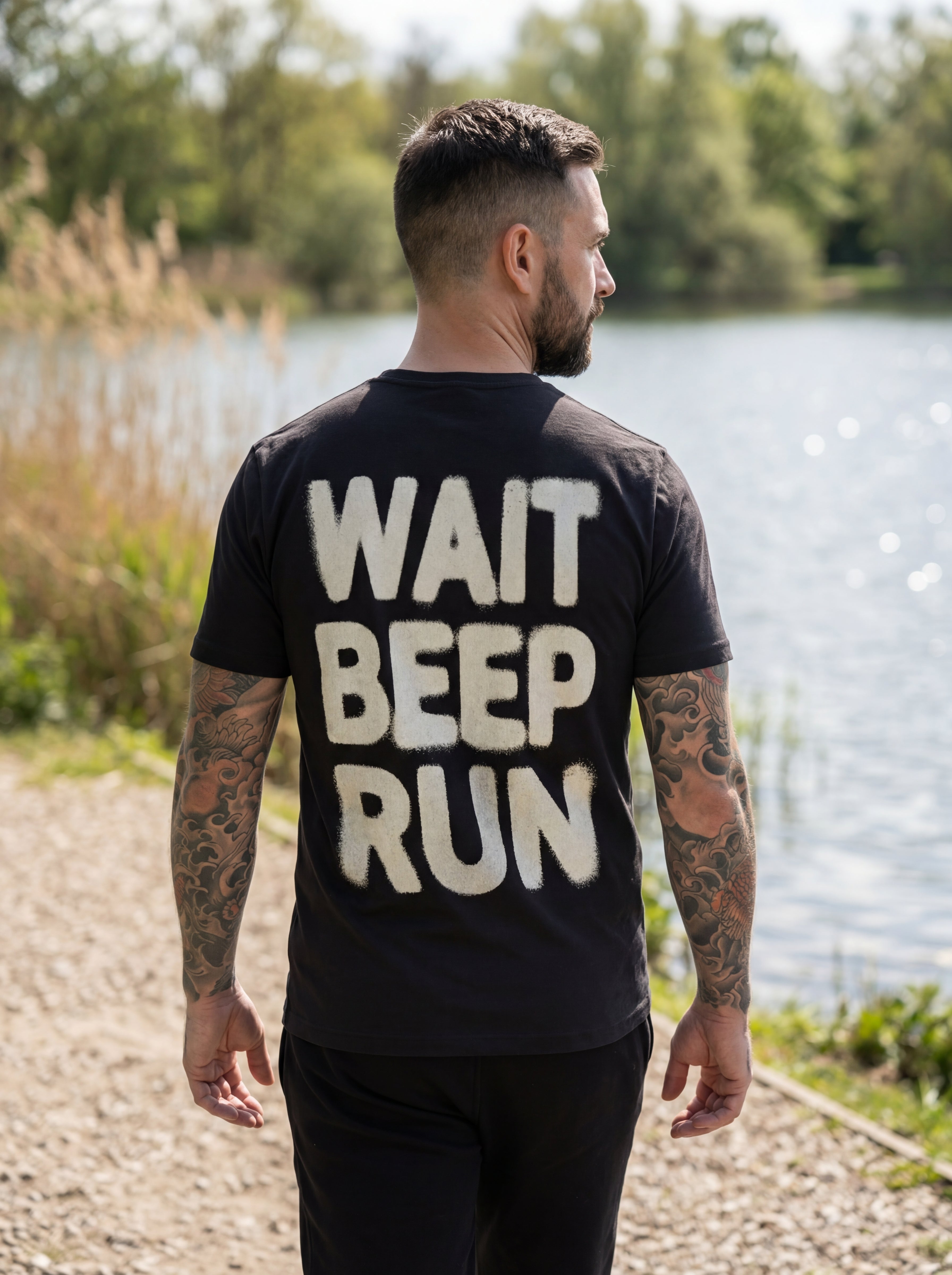 Karpfenangler mit schwarzem carpstylez „Wait Beep Run“ Shirt am Wasser